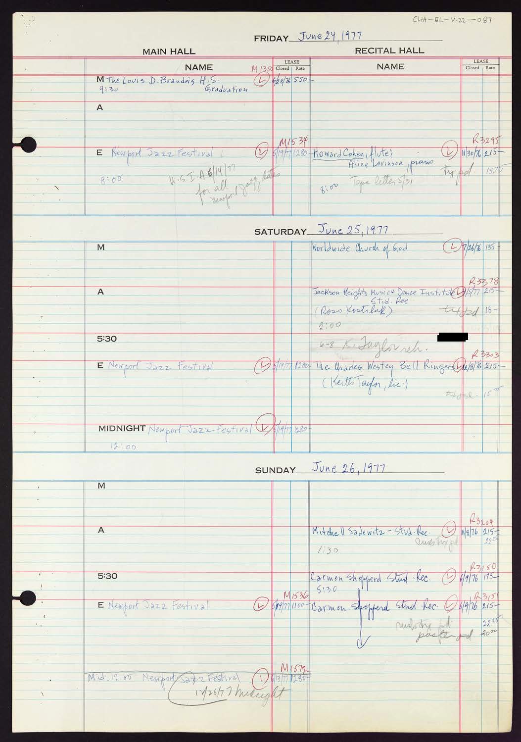 Carnegie Hall Booking Ledger, volume 22, page 87