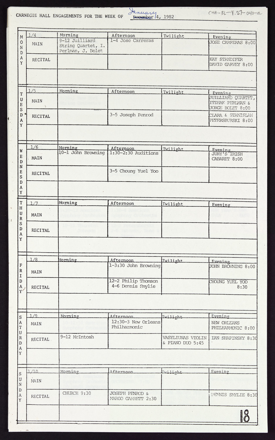 Carnegie Hall Booking Ledger, volume 27, page 40a