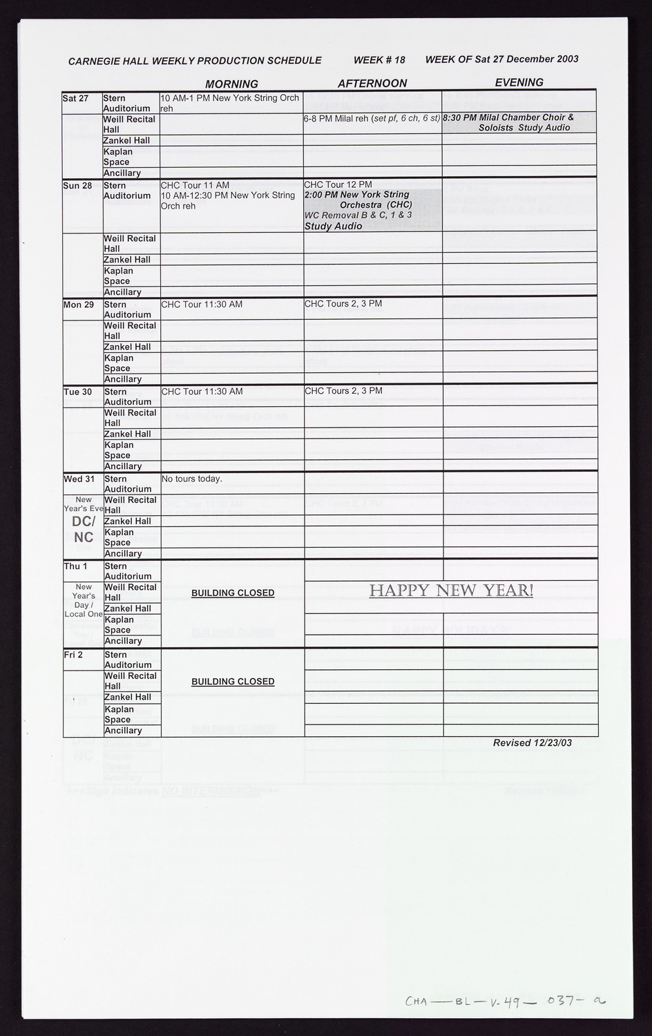 Carnegie Hall Booking Ledger, volume 49, page 37a