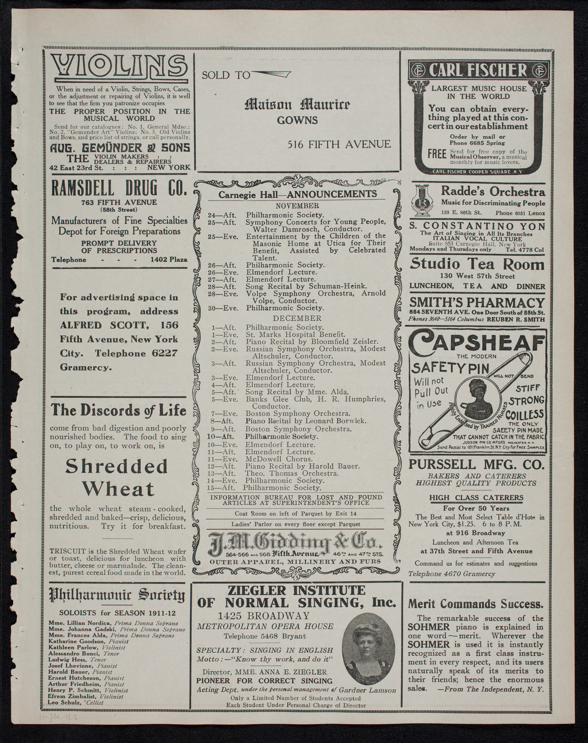 New York Philharmonic, November 23, 1911, program page 3