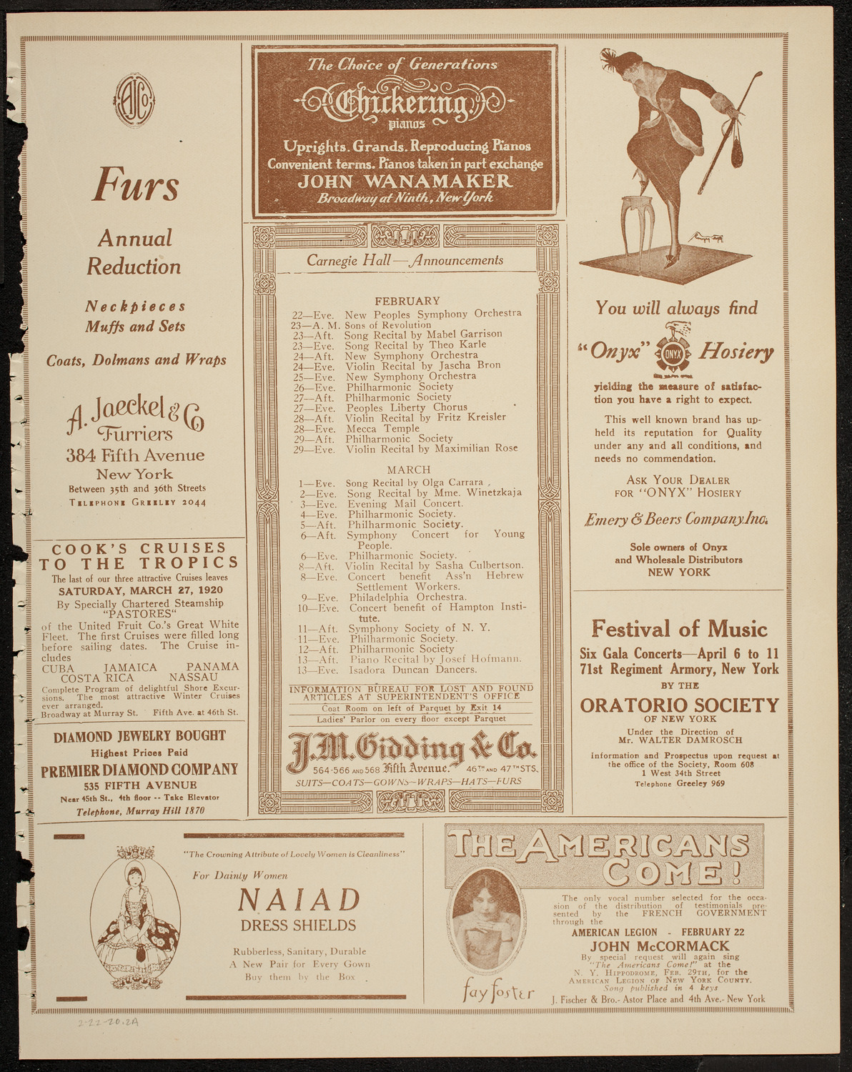 New York Philharmonic, February 22, 1920, program page 3