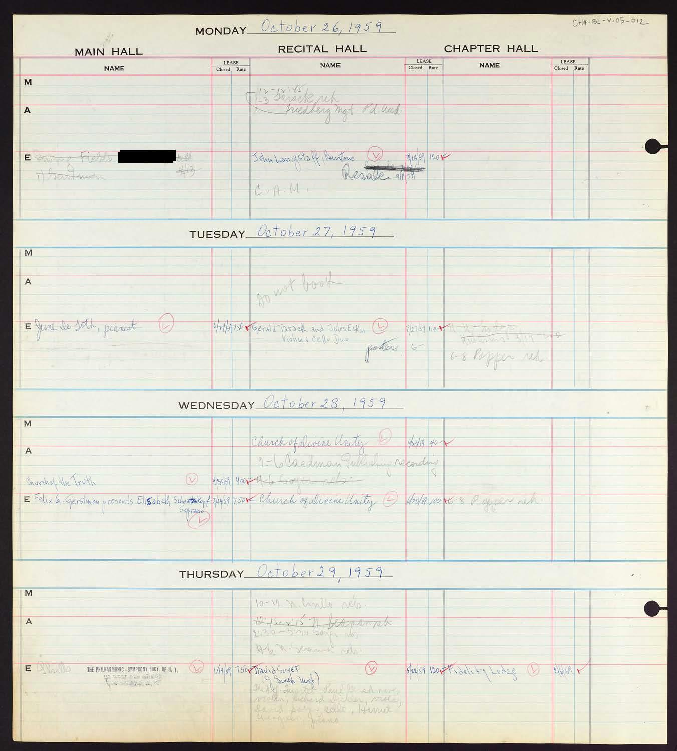 Carnegie Hall Booking Ledger, volume 5, page 12