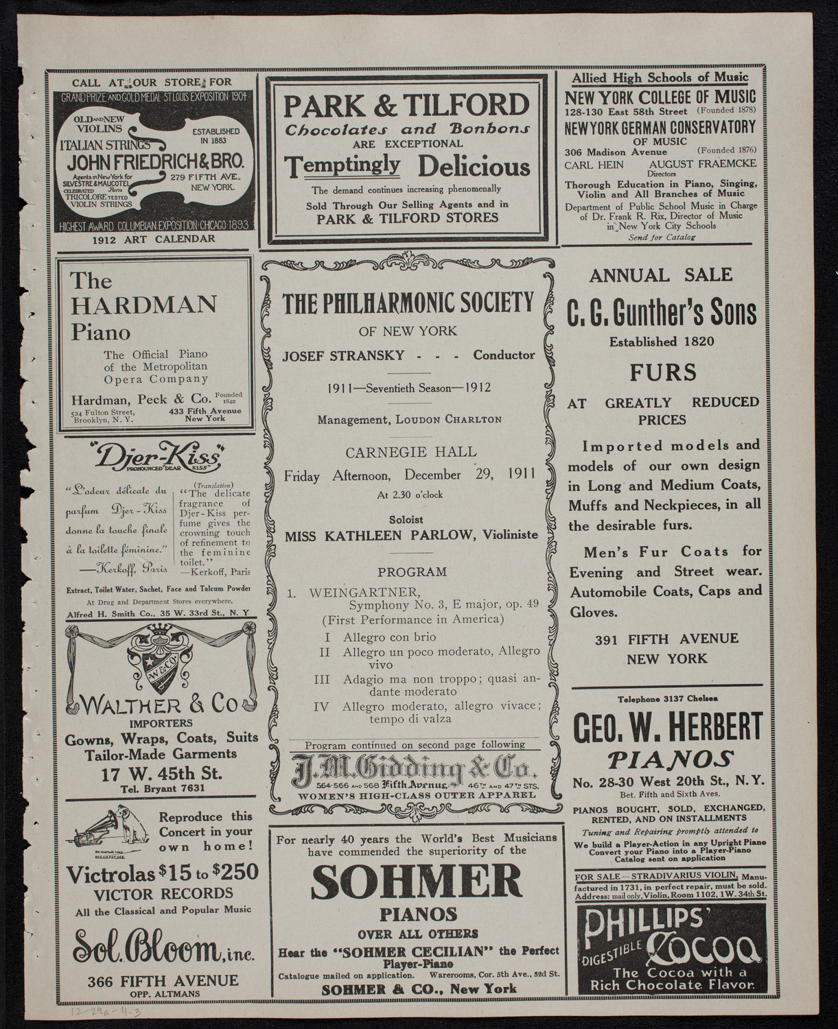 New York Philharmonic, December 29, 1911, program page 5