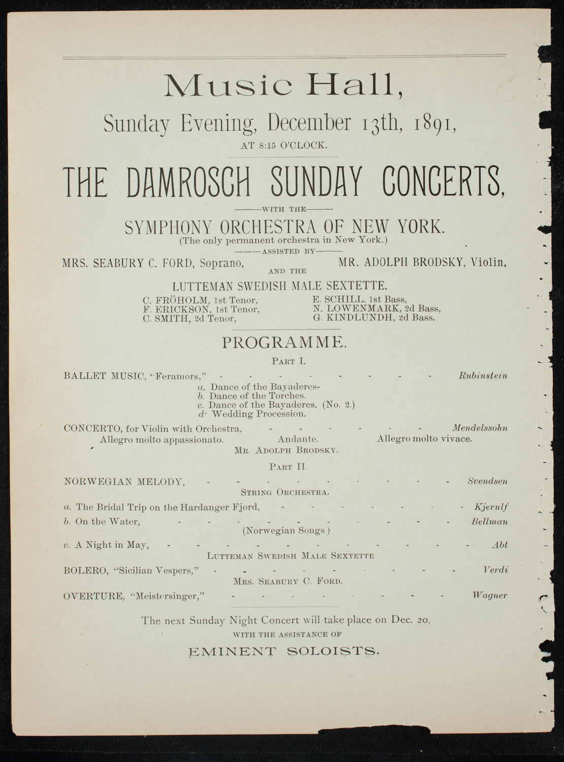 Damrosch Sunday Concert, December 13, 1891, program page 6