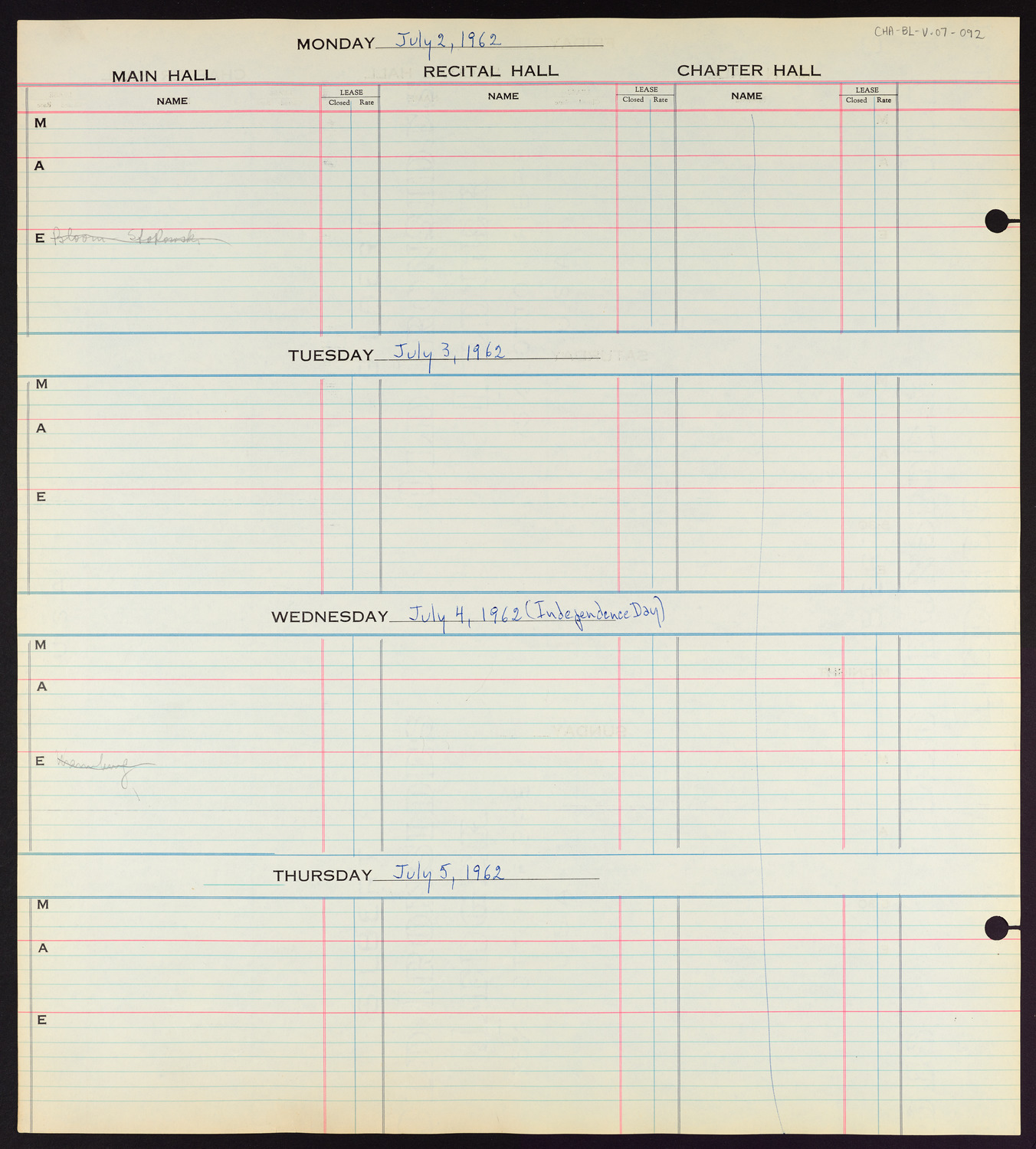 Carnegie Hall Booking Ledger, volume 7, page 92