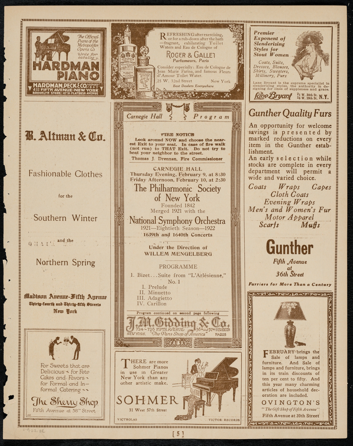 New York Philharmonic, February 9, 1922, program page 5