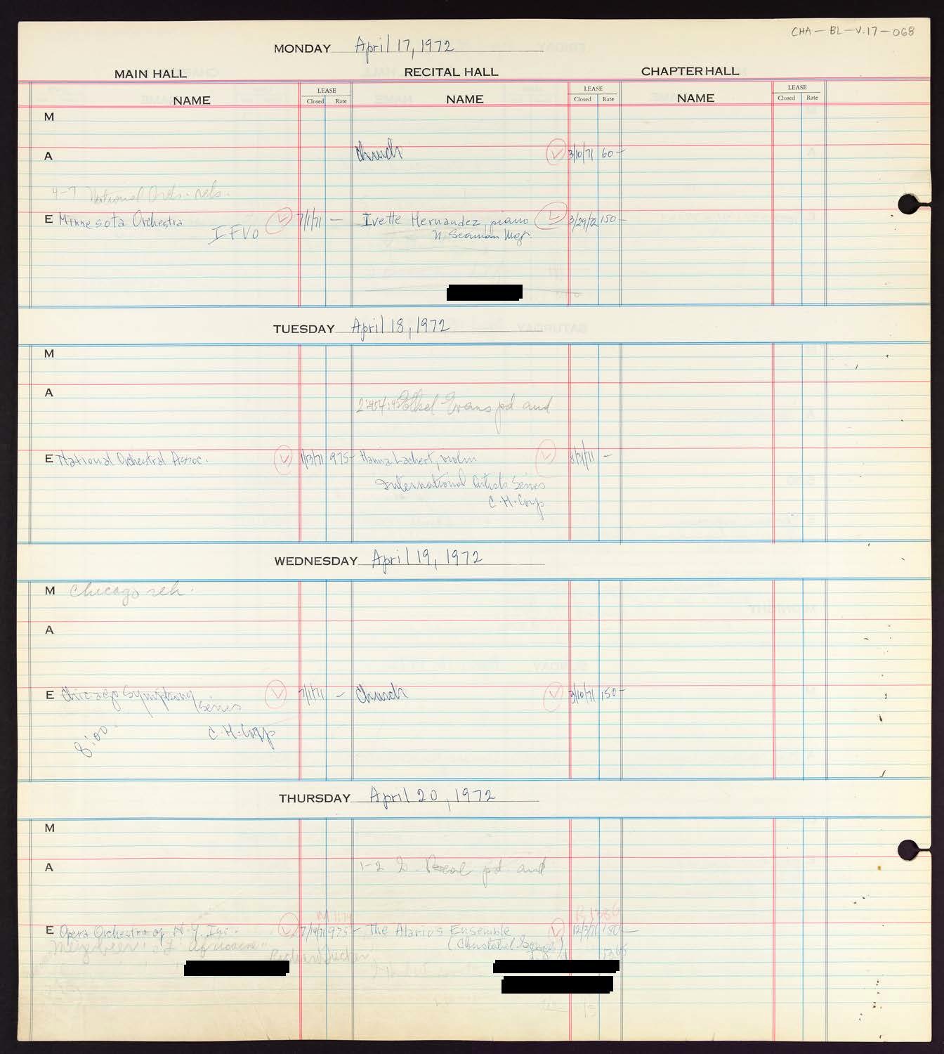 Carnegie Hall Booking Ledger, volume 17, page 68