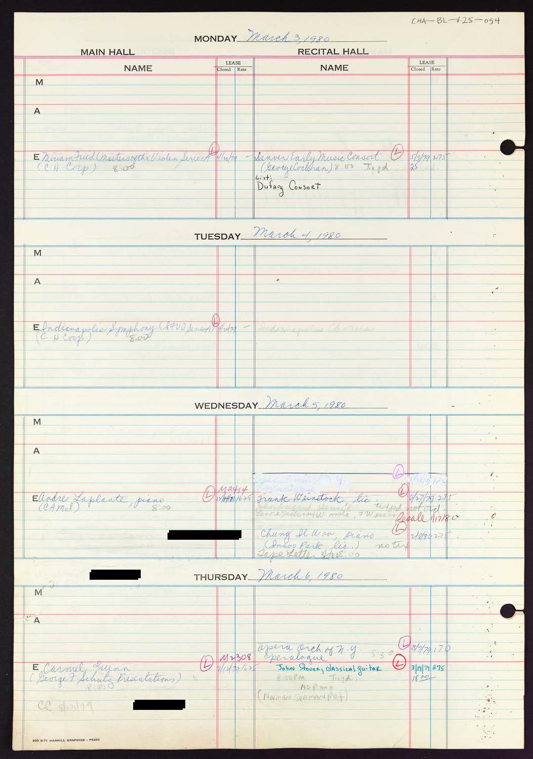 Carnegie Hall Booking Ledger, volume 25, page 54