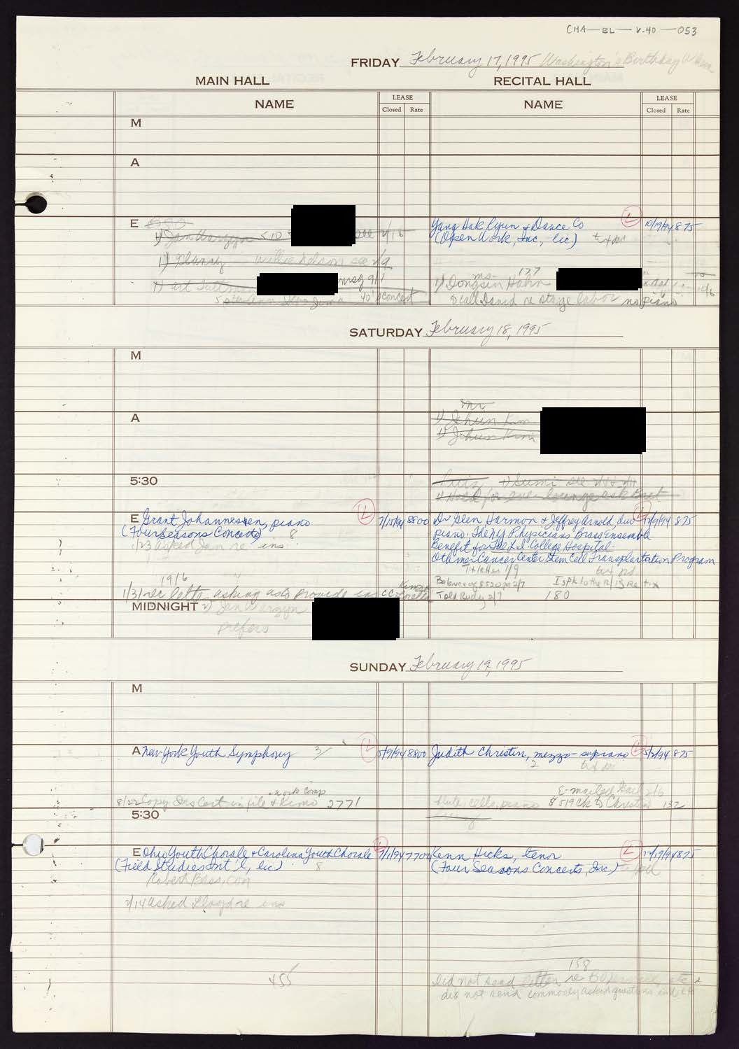 Carnegie Hall Booking Ledger, volume 40, page 53