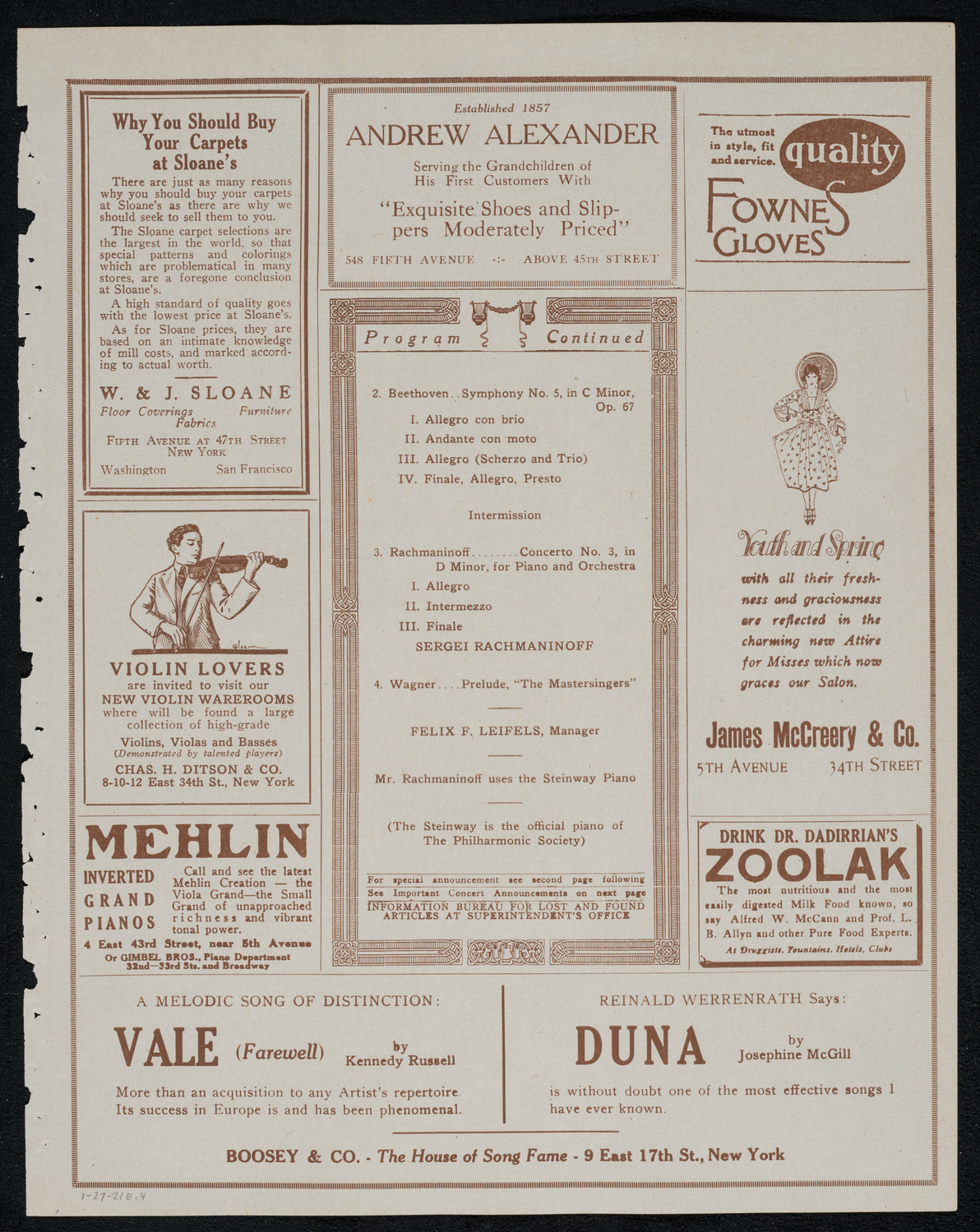 New York Philharmonic, January 27, 1921, program page 7