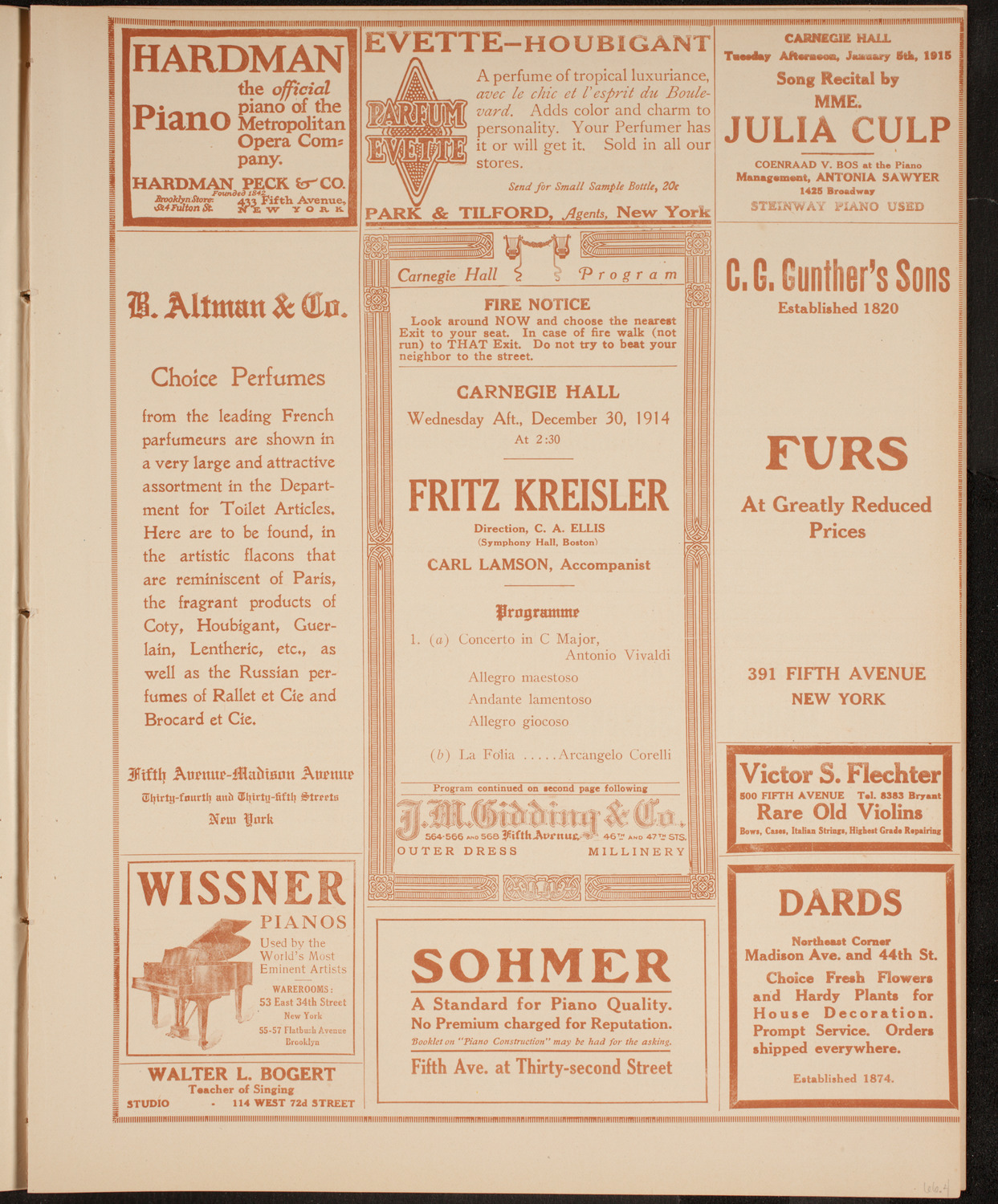 Fritz Kreisler, Violin, December 30, 1914, program page 9