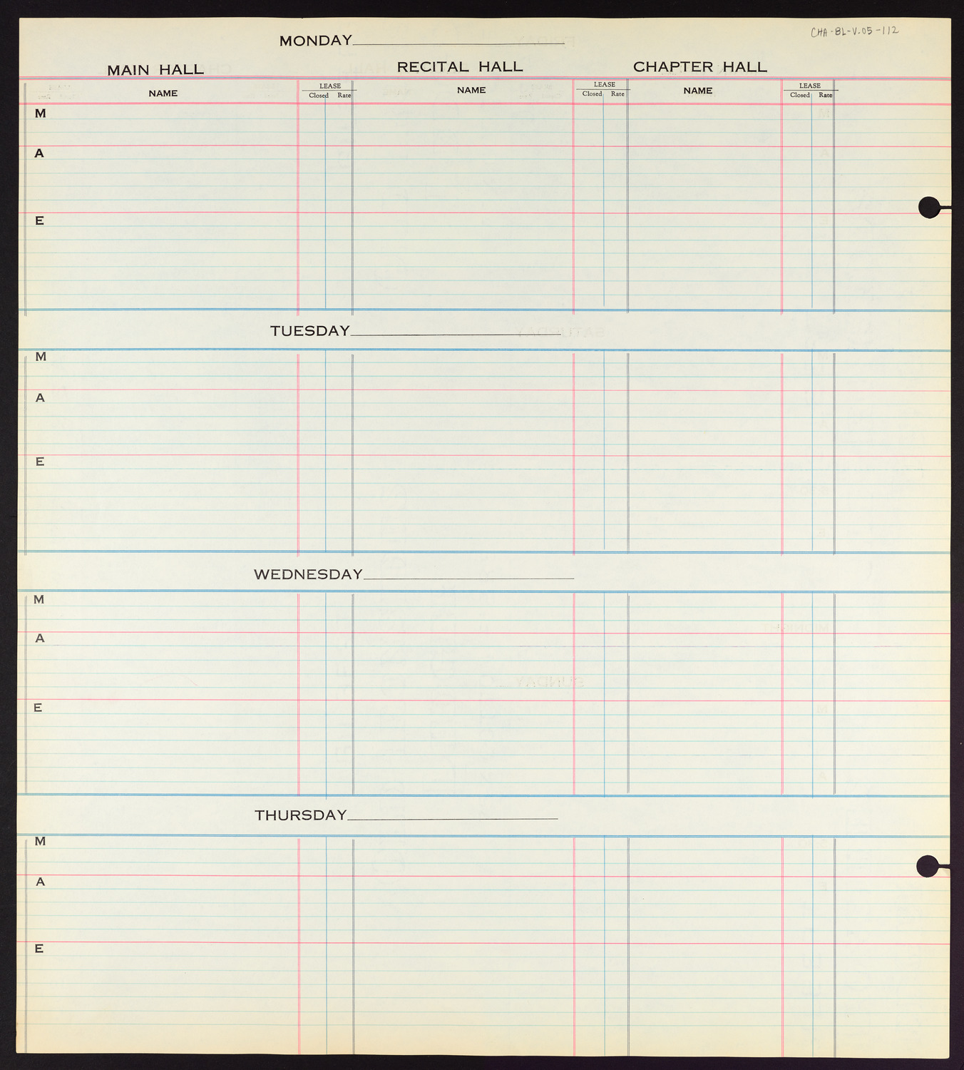 Carnegie Hall Booking Ledger, volume 5, page 112