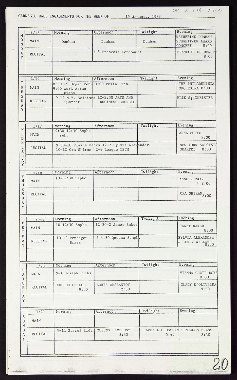 Carnegie Hall Booking Ledger, volume 24, page 42a