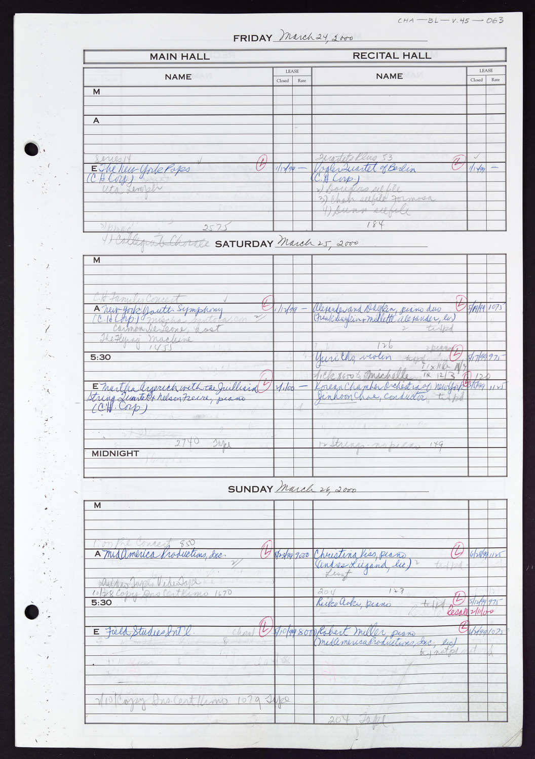 Carnegie Hall Booking Ledger, volume 45, page 63