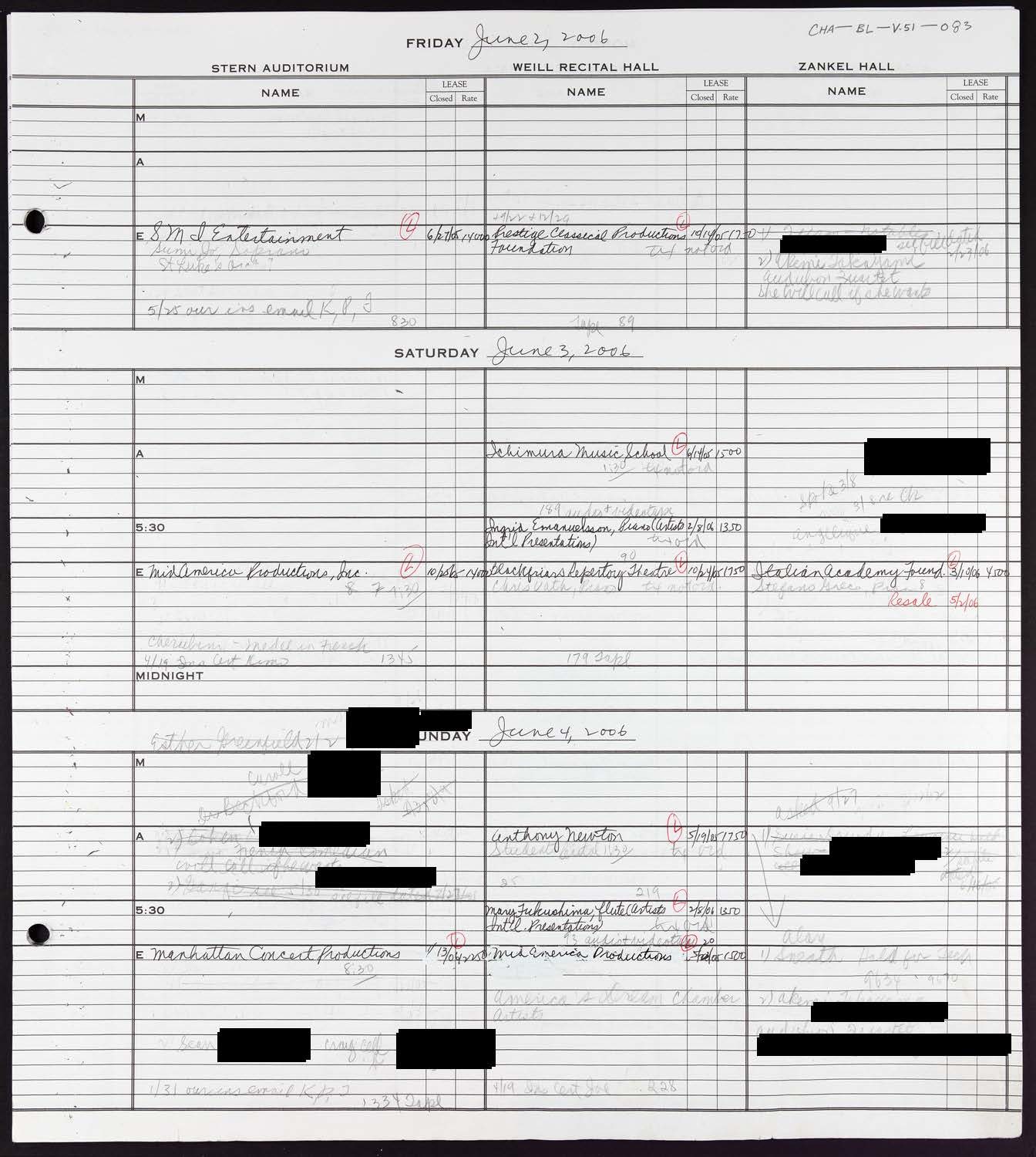 Carnegie Hall Booking Ledger, volume 51, page 83