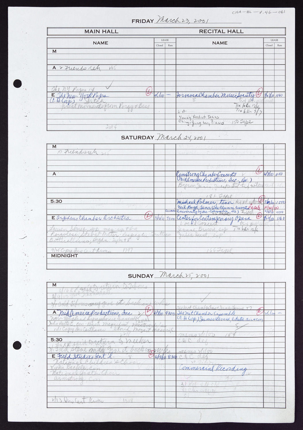 Carnegie Hall Booking Ledger, volume 46, page 61