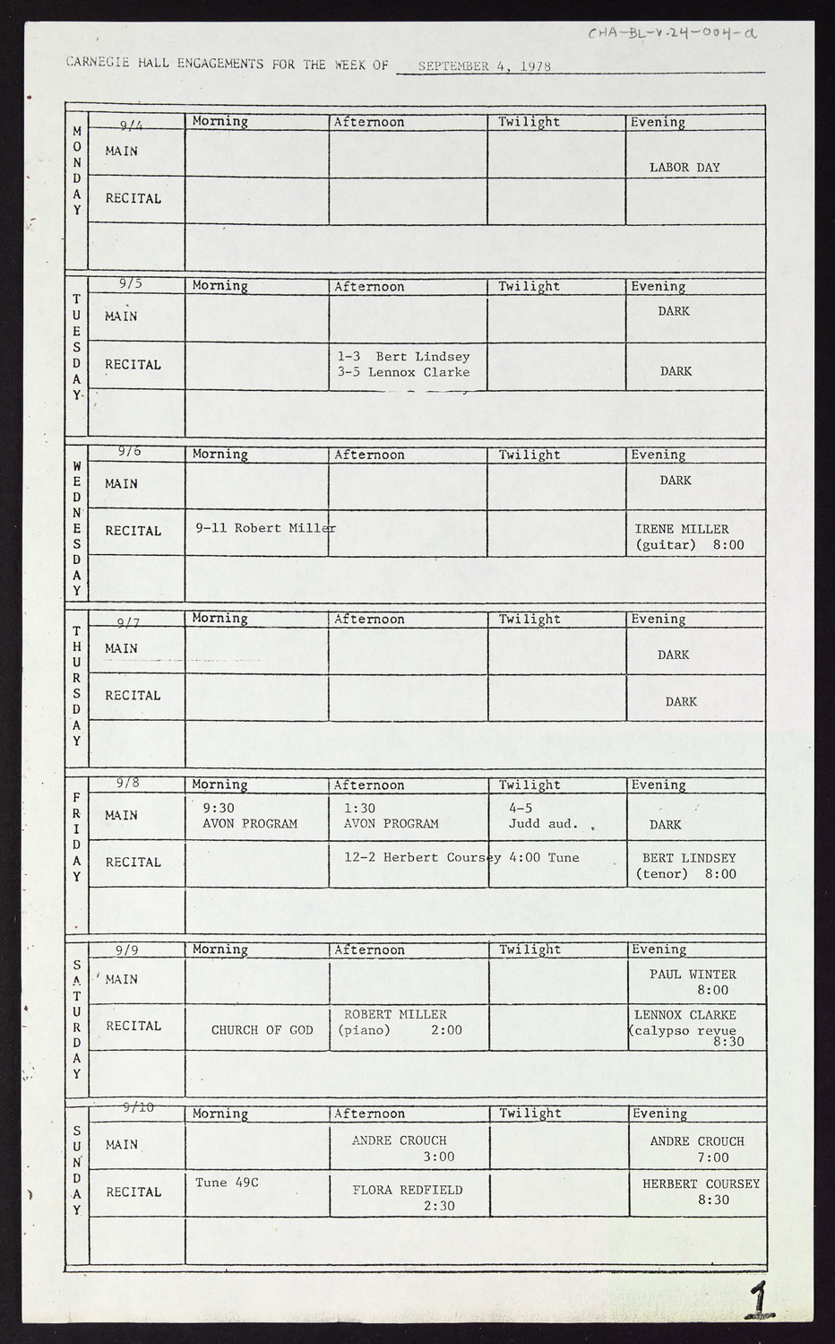 Carnegie Hall Booking Ledger, volume 24, page 4a