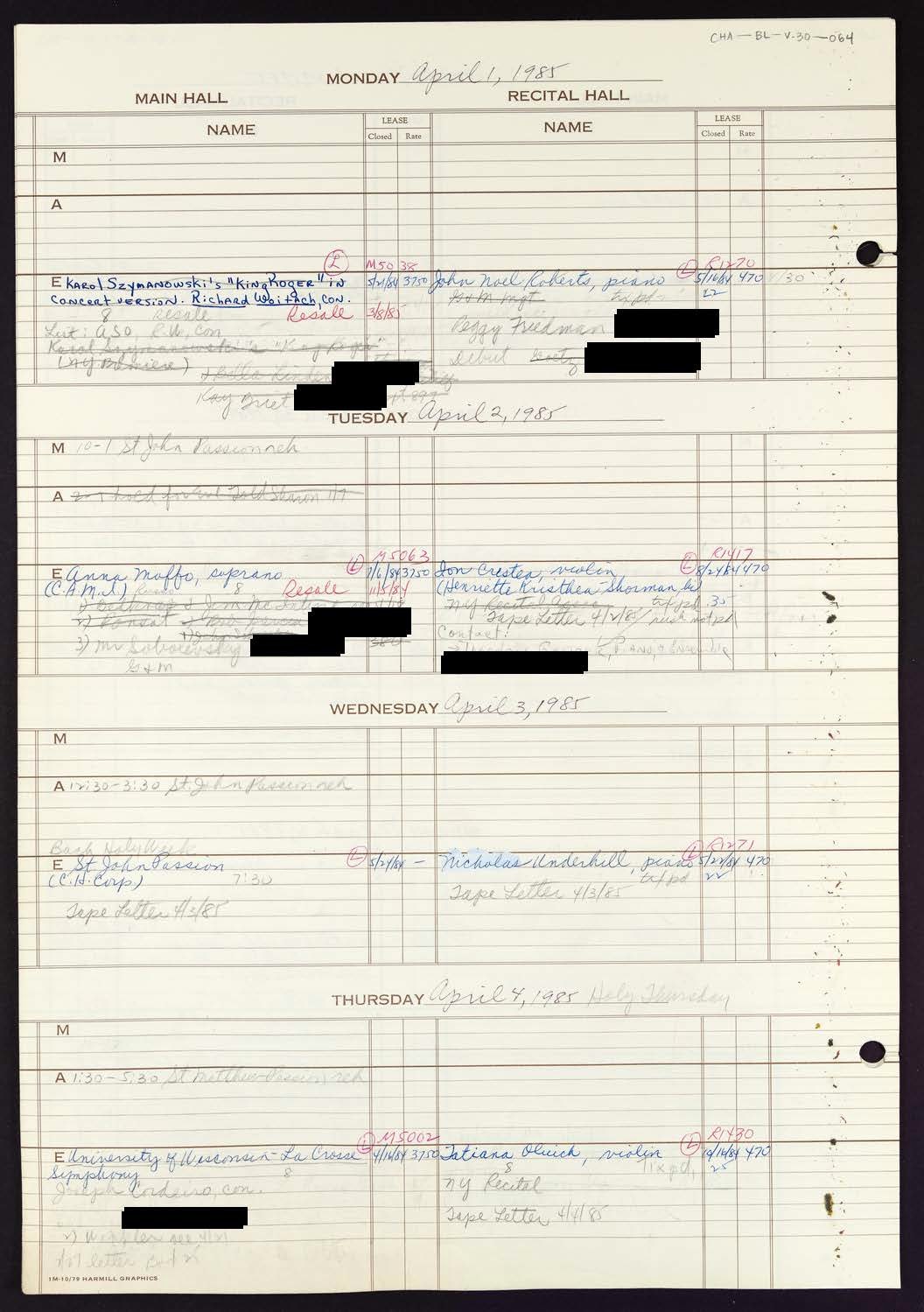 Carnegie Hall Booking Ledger, volume 30, page 64