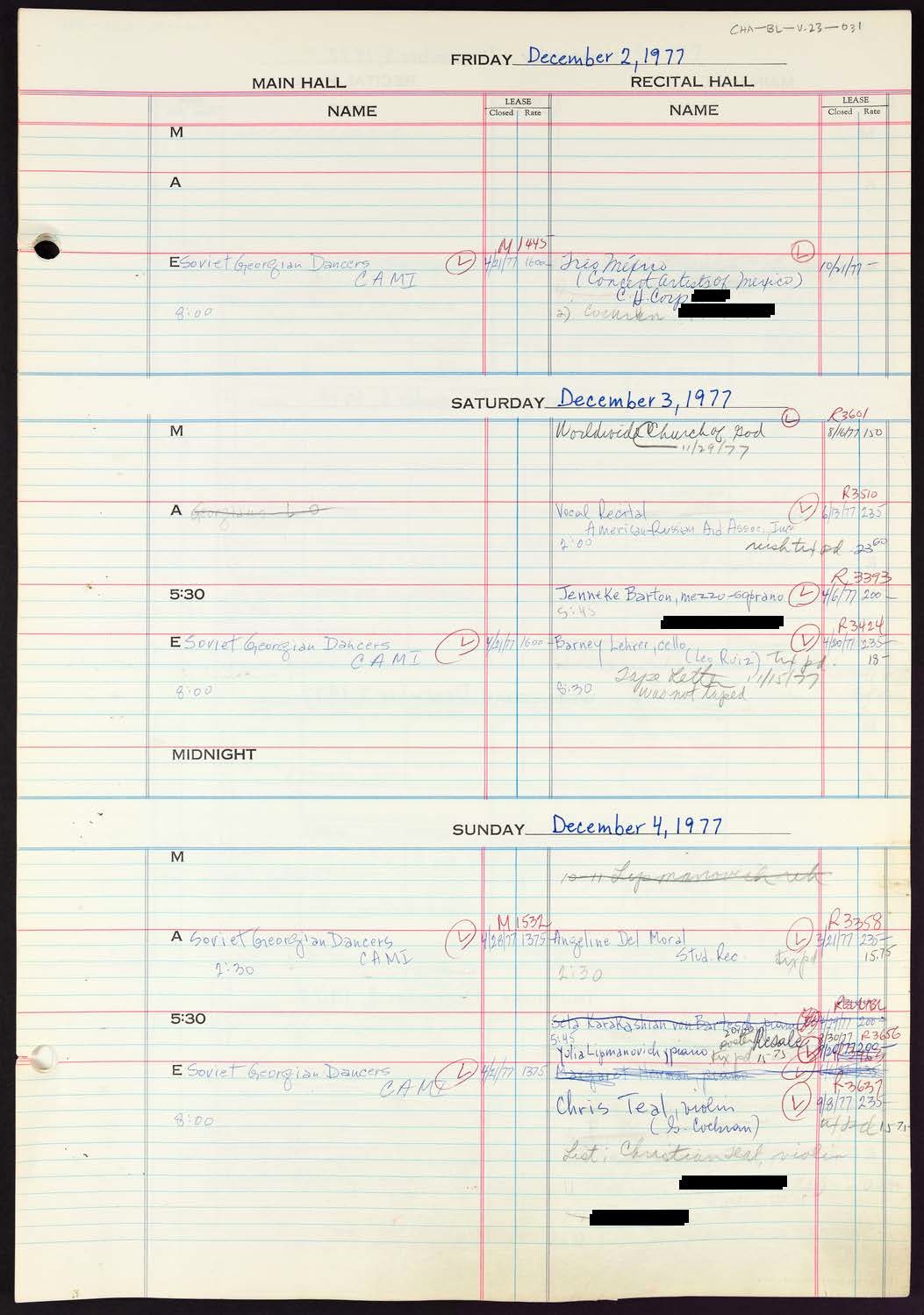 Carnegie Hall Booking Ledger, volume 23, page 31