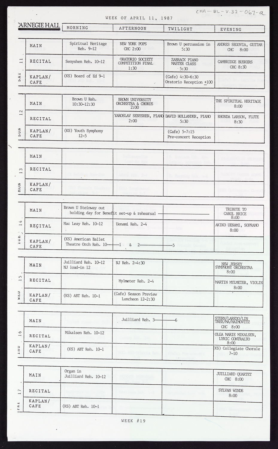 Carnegie Hall Booking Ledger, volume 32, page 67a