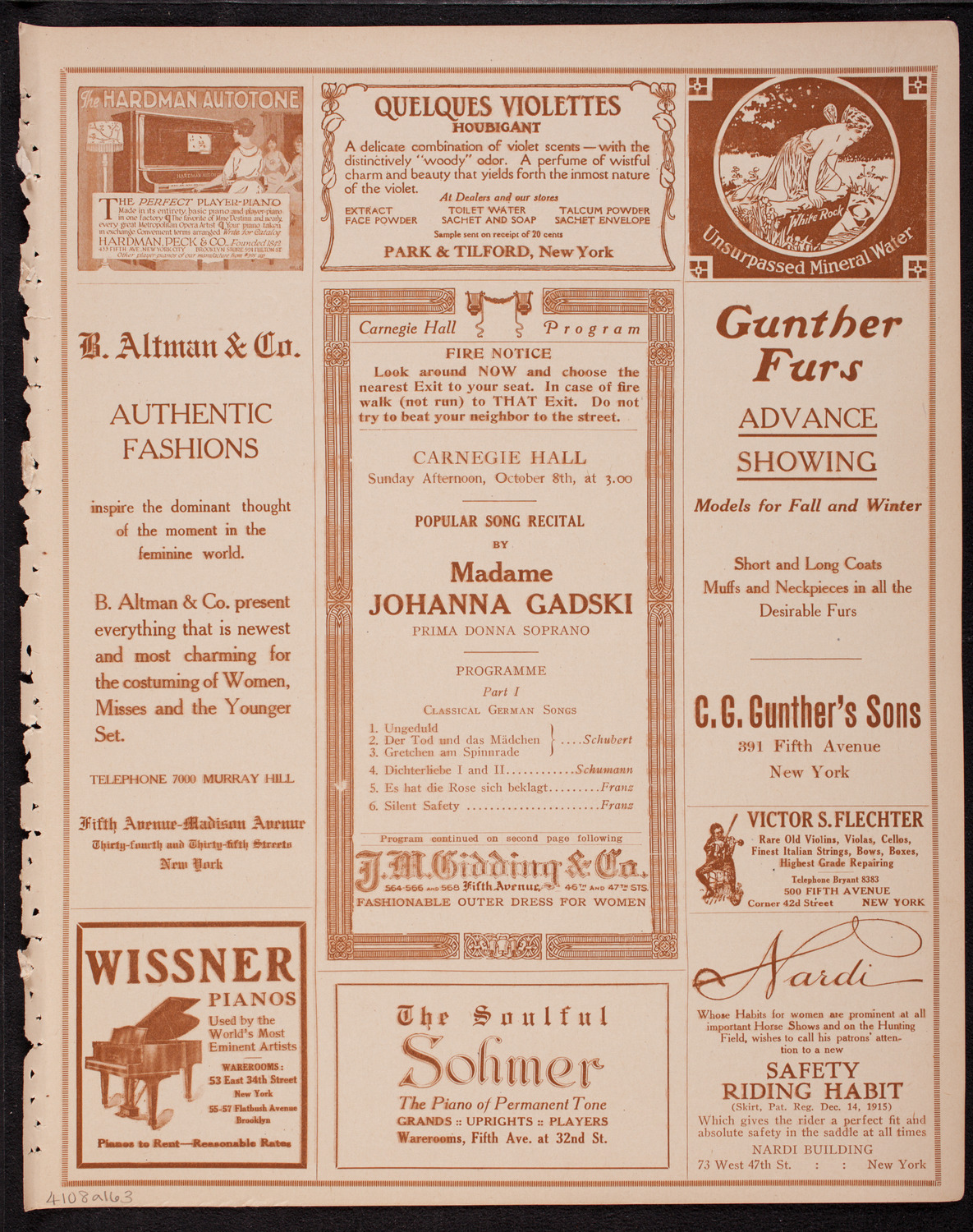 Johanna Gadski, Soprano, October 8, 1916, program page 5