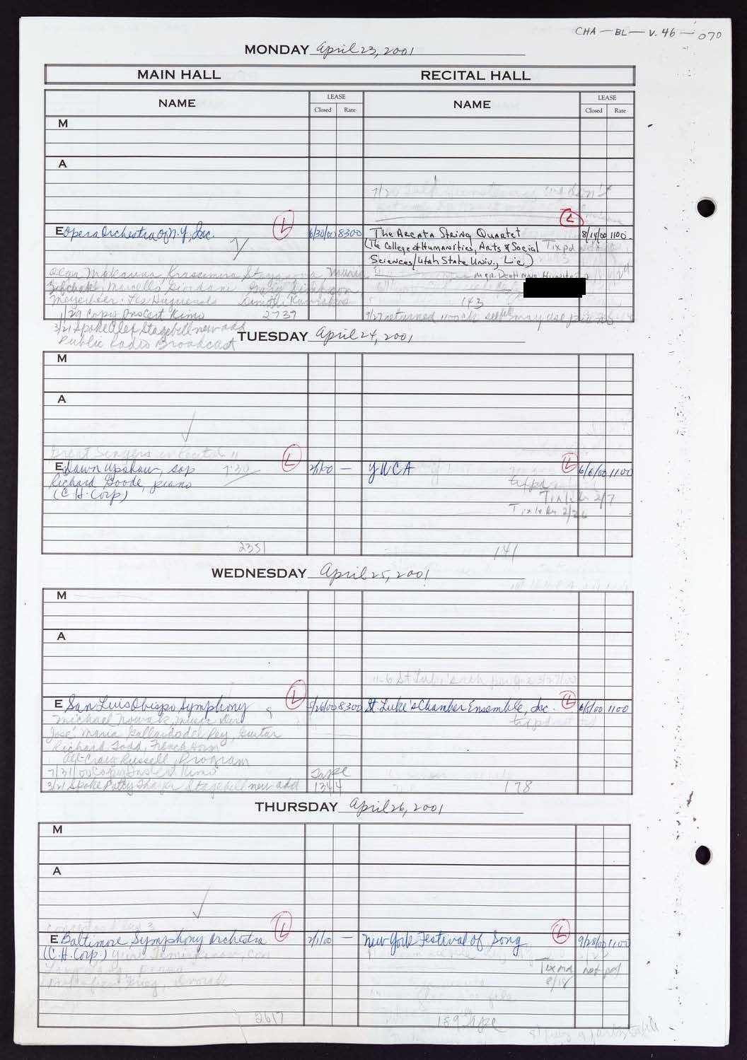 Carnegie Hall Booking Ledger, volume 46, page 70