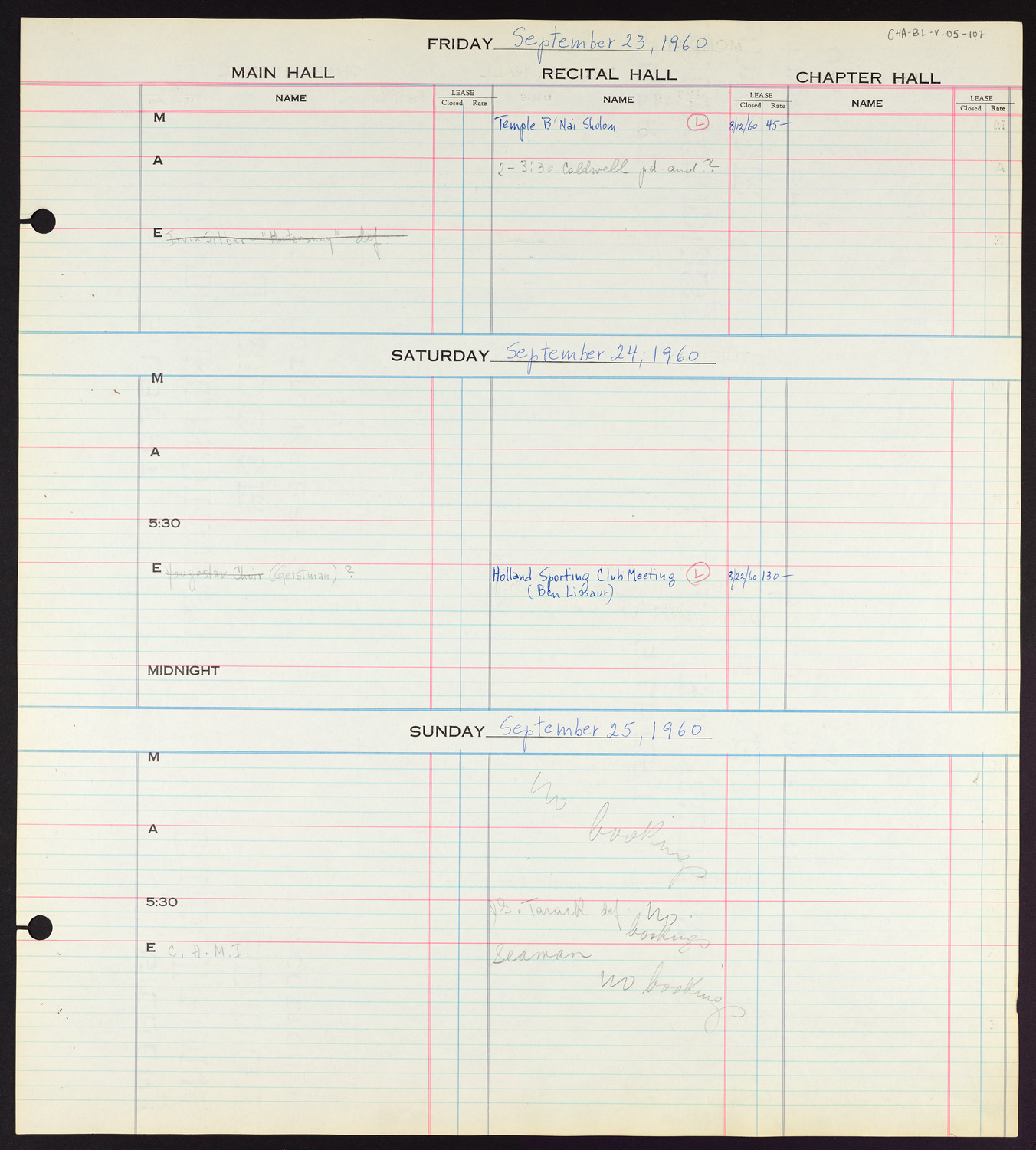 Carnegie Hall Booking Ledger, volume 5, page 107