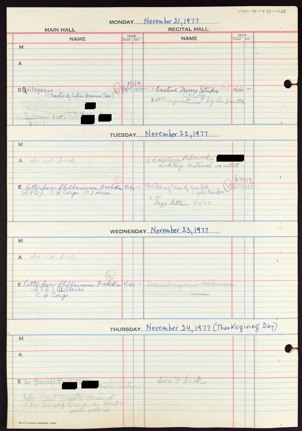 Carnegie Hall Booking Ledger, volume 23, page 28