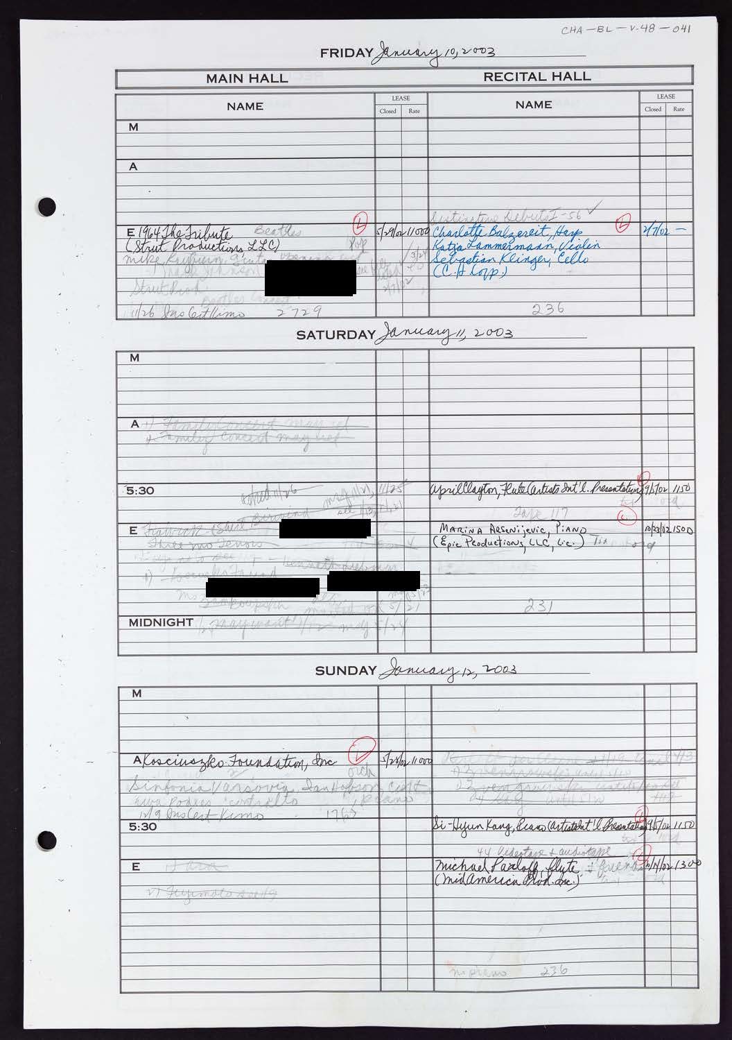 Carnegie Hall Booking Ledger, volume 48, page 41