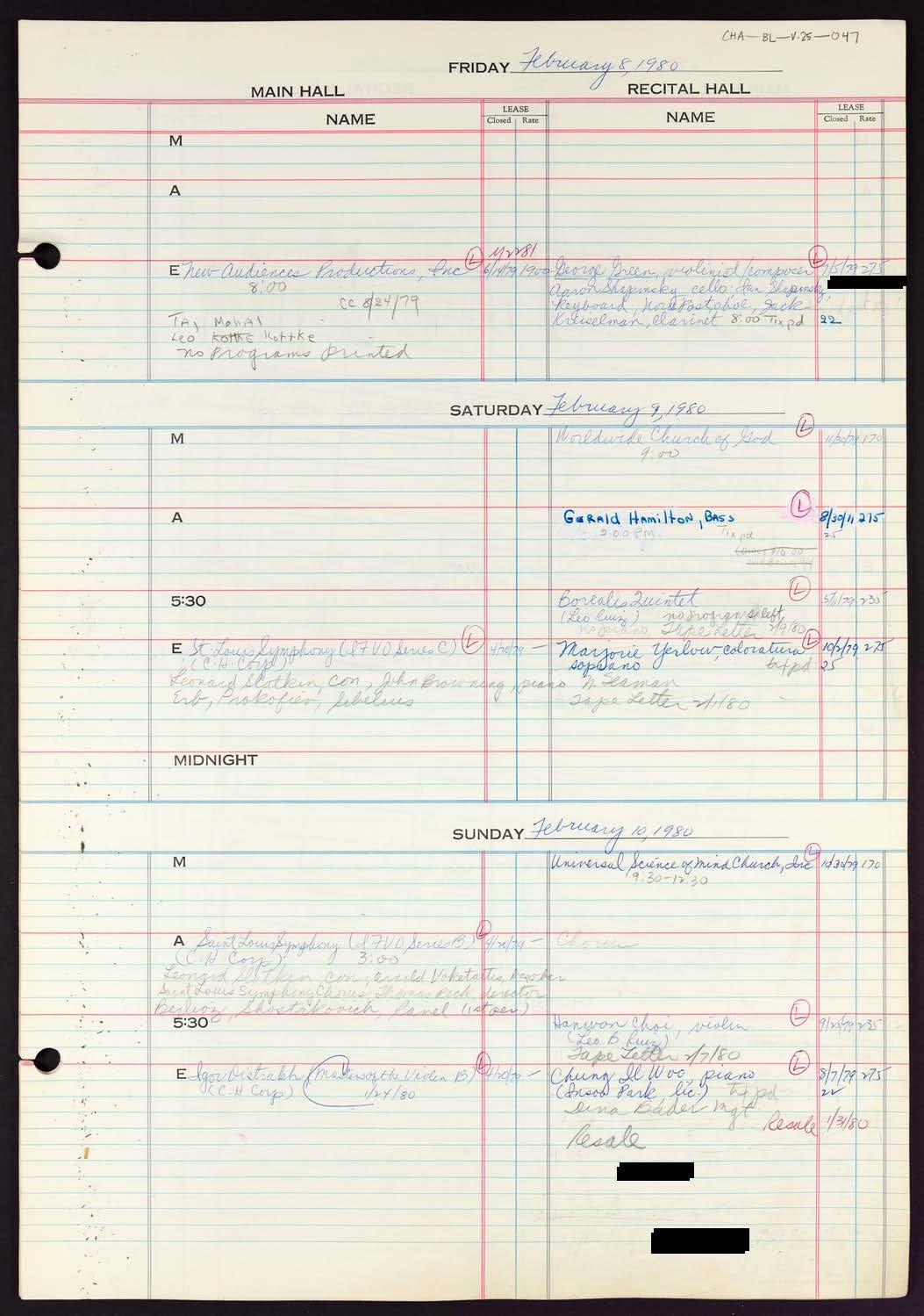 Carnegie Hall Booking Ledger, volume 25, page 47