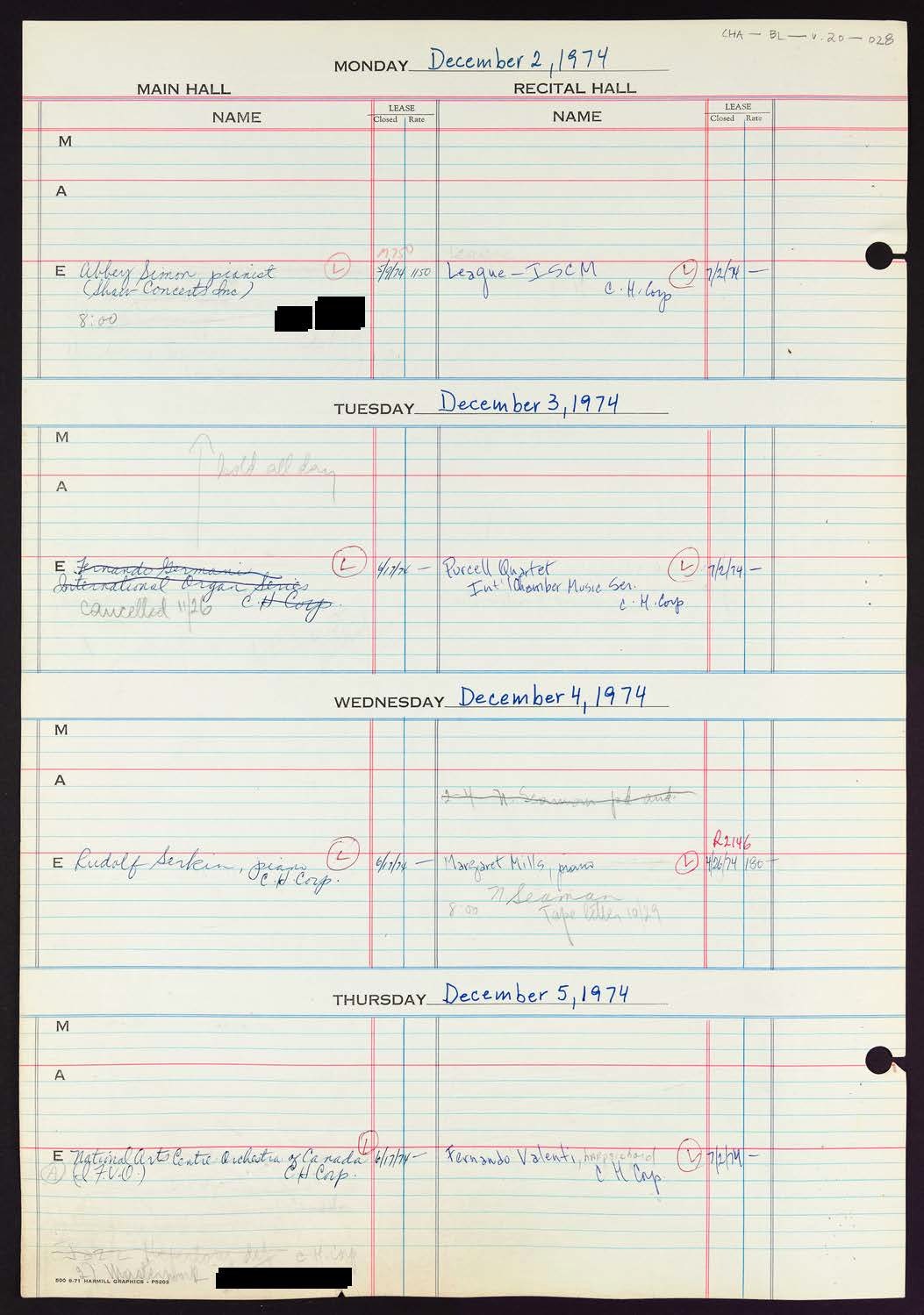 Carnegie Hall Booking Ledger, volume 20, page 28