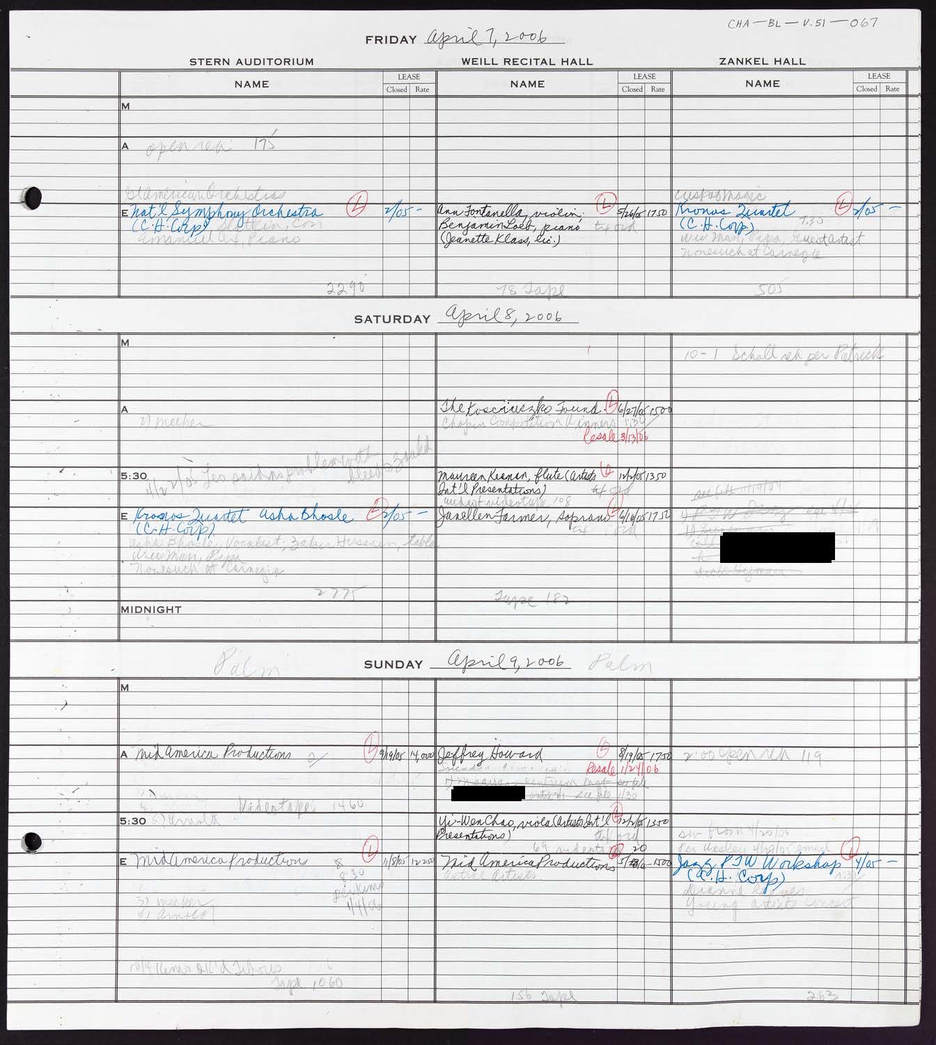 Carnegie Hall Booking Ledger, volume 51, page 67