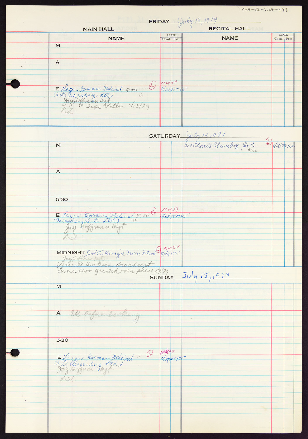 Carnegie Hall Booking Ledger, volume 24, page 93