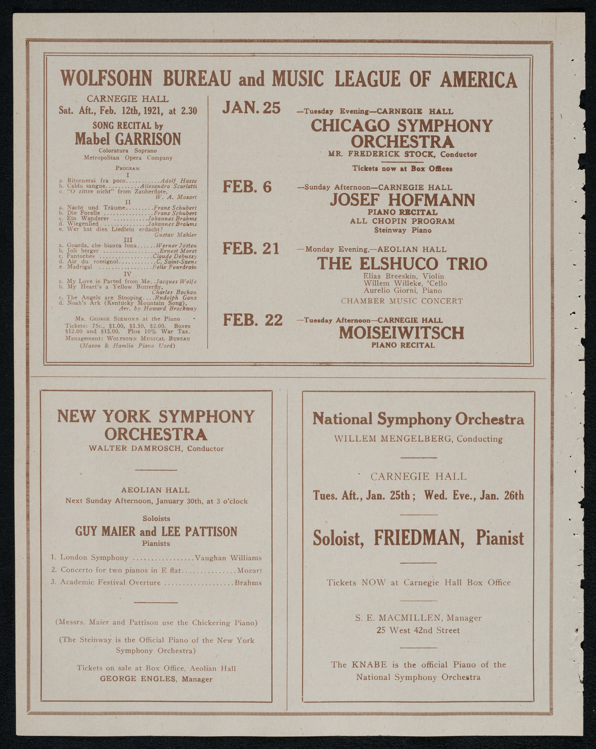 Alfred Cortot, Piano, January 24, 1921, program page 8