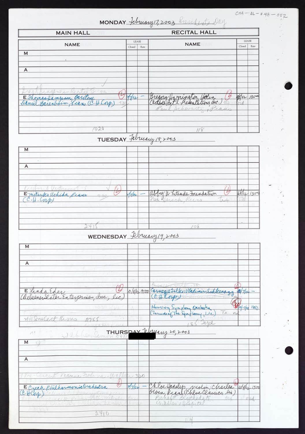 Carnegie Hall Booking Ledger, volume 48, page 52