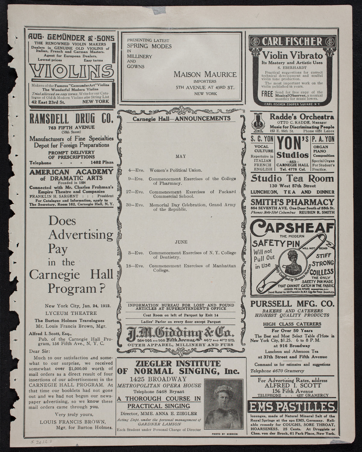 Clef Club Orchestra: Concert of Negro Music, May 2, 1912, program page 3