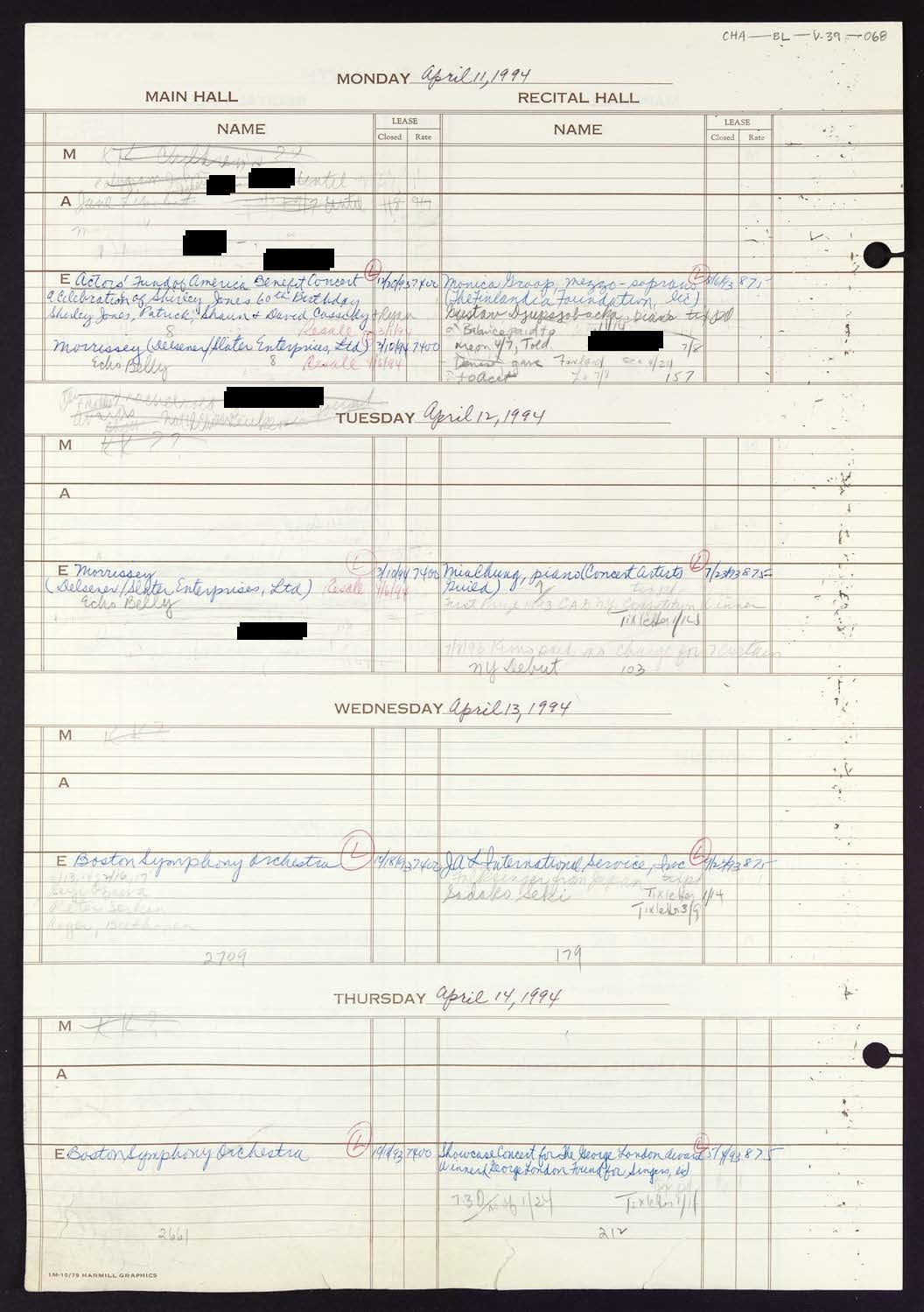 Carnegie Hall Booking Ledger, volume 39, page 68