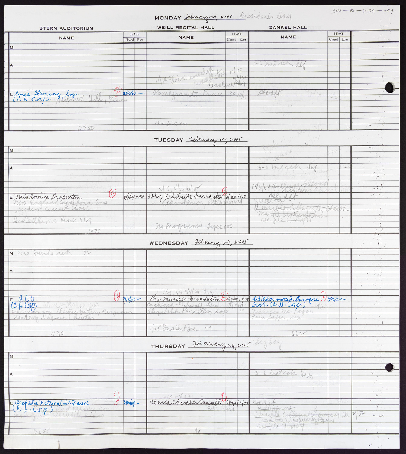 Carnegie Hall Booking Ledger, volume 50, page 54