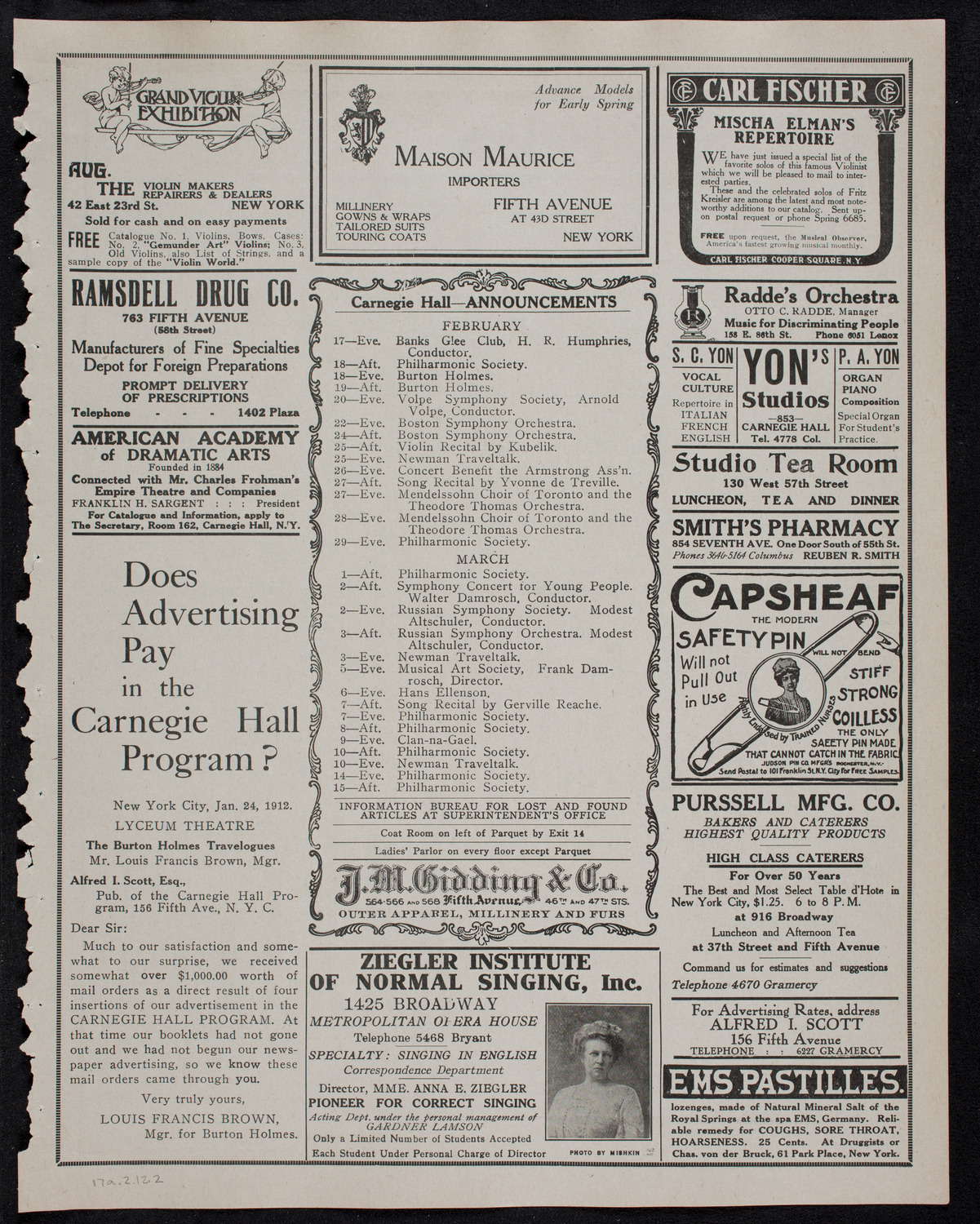 Efrem Zimbalist, Violin, February 17, 1912, program page 3