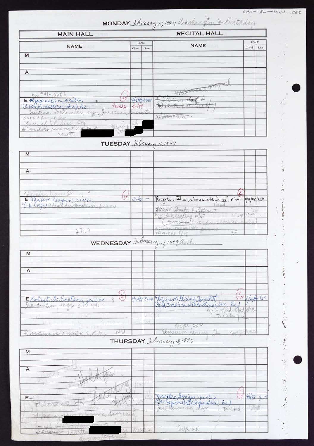 Carnegie Hall Booking Ledger, volume 44, page 52