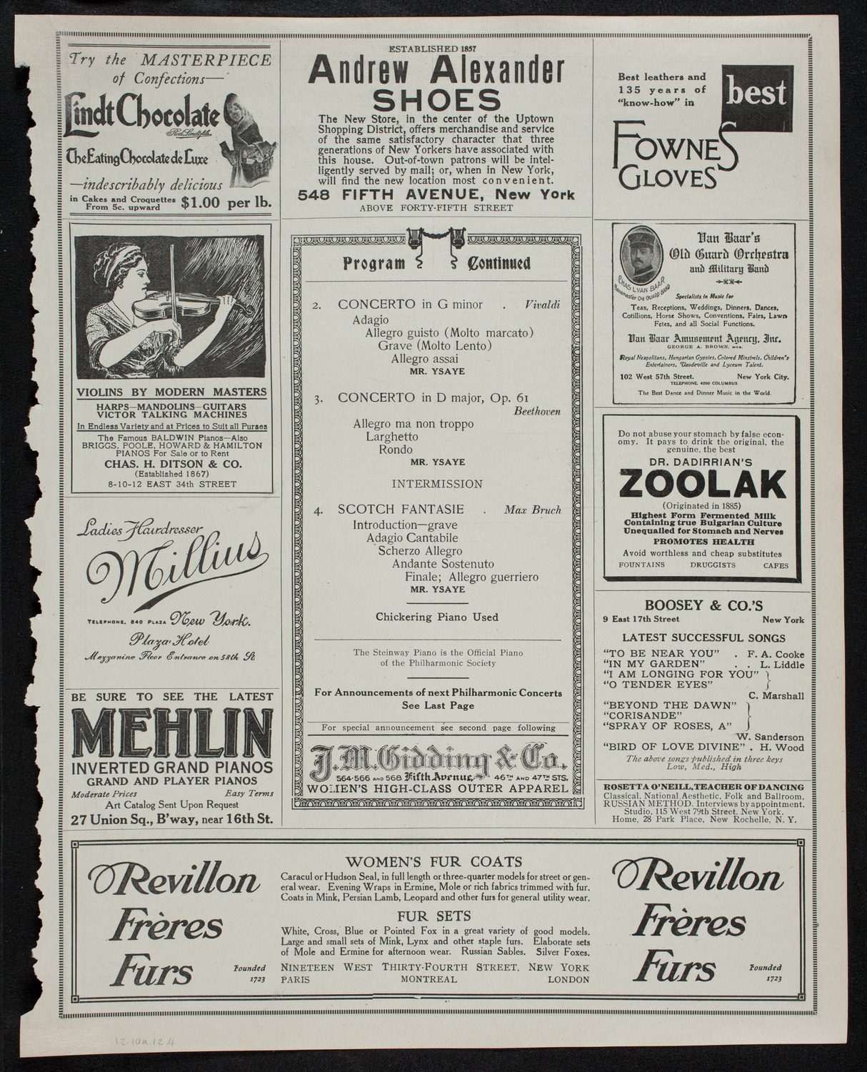 Eugène Ysaÿe, Violin, with the New York Philharmonic, December 10, 1912, program page 7