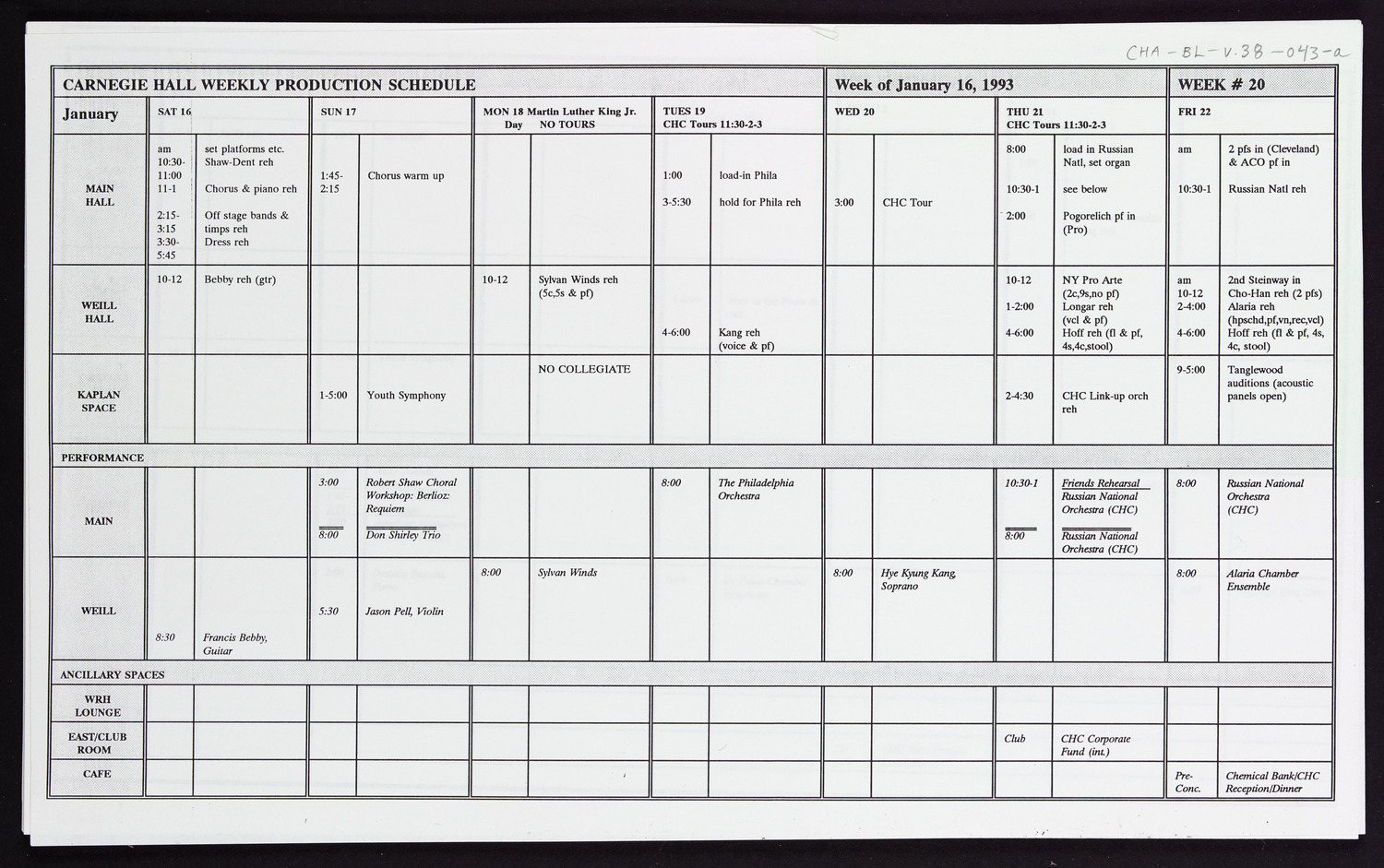 Carnegie Hall Booking Ledger, volume 38, page 43a