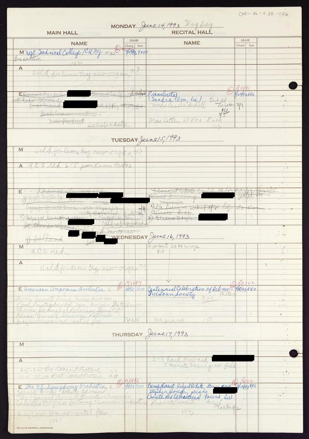 Carnegie Hall Booking Ledger, volume 38, page 86