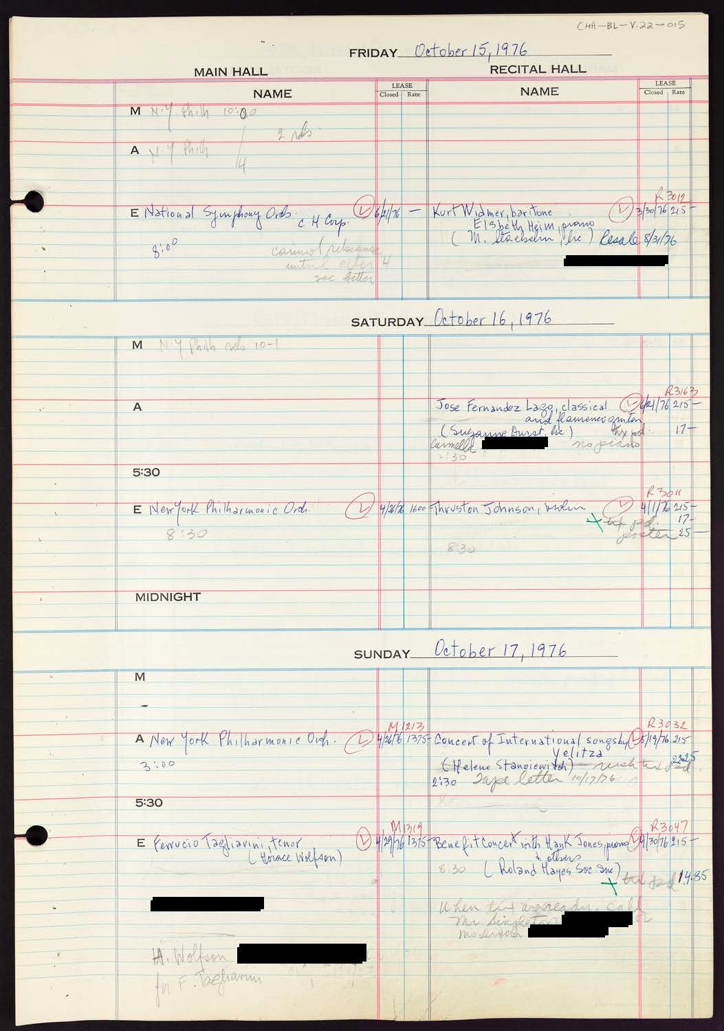 Carnegie Hall Booking Ledger, volume 22, page 15