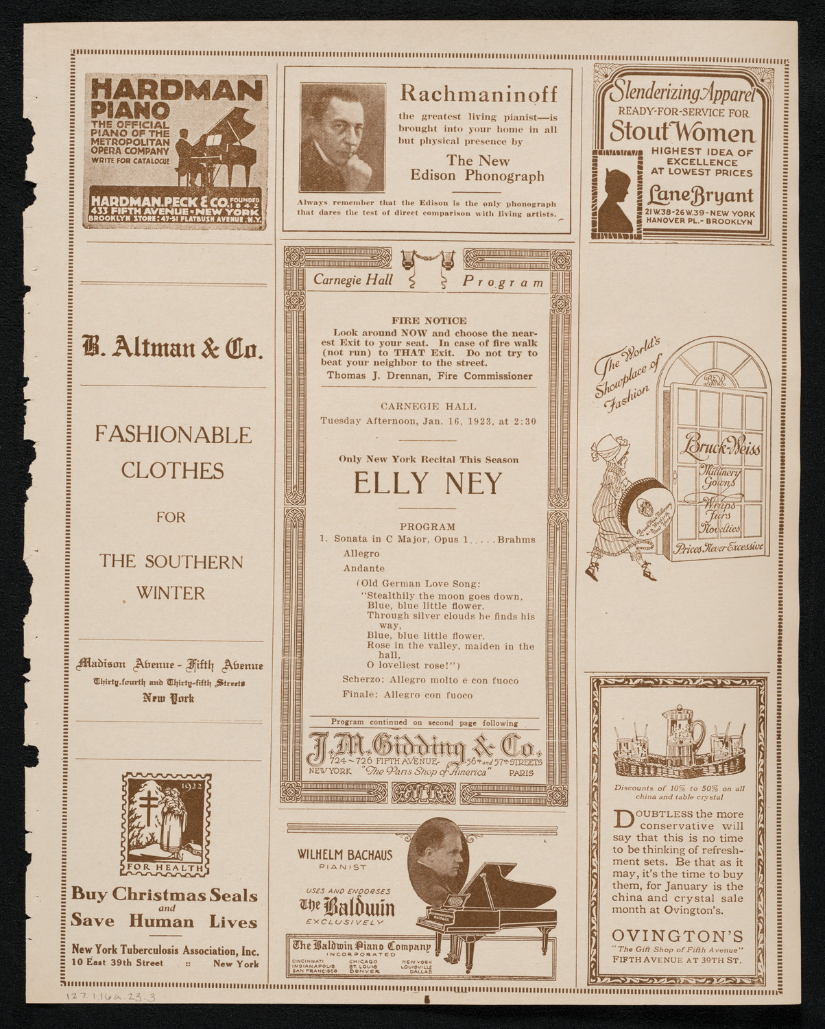 Elly Ney, Piano, January 16, 1923, program page 5