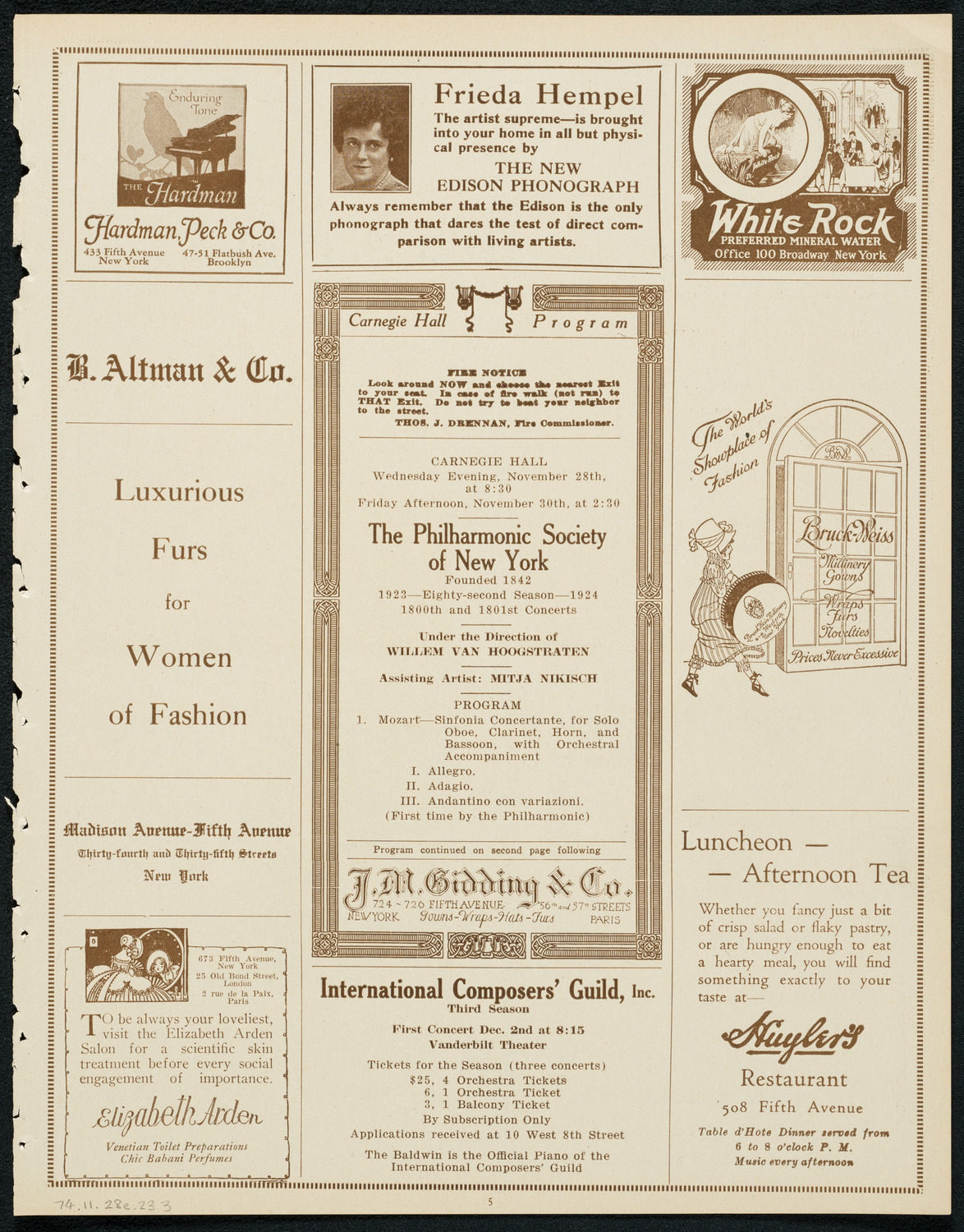 New York Philharmonic, November 28, 1923, program page 5