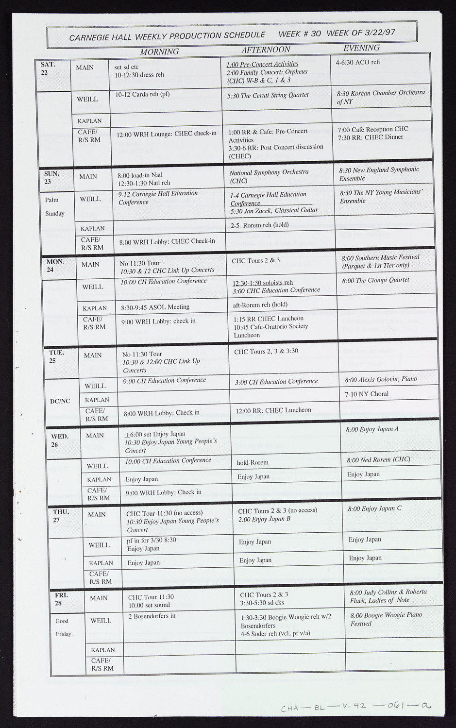 Carnegie Hall Booking Ledger, volume 42, page 61a