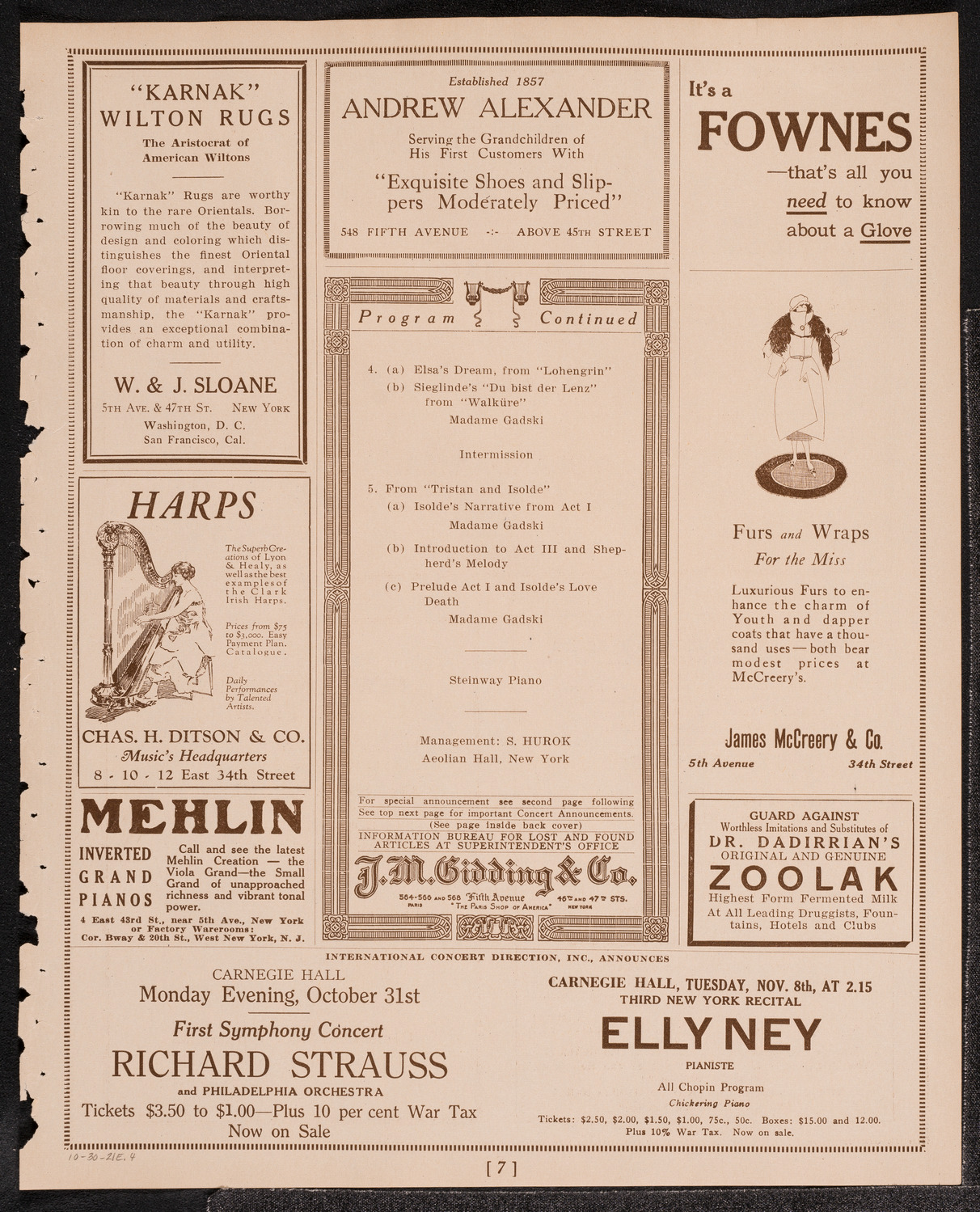 Johanna Gadski, Soprano, with the New York Philharmonic, October 30, 1921, program page 7