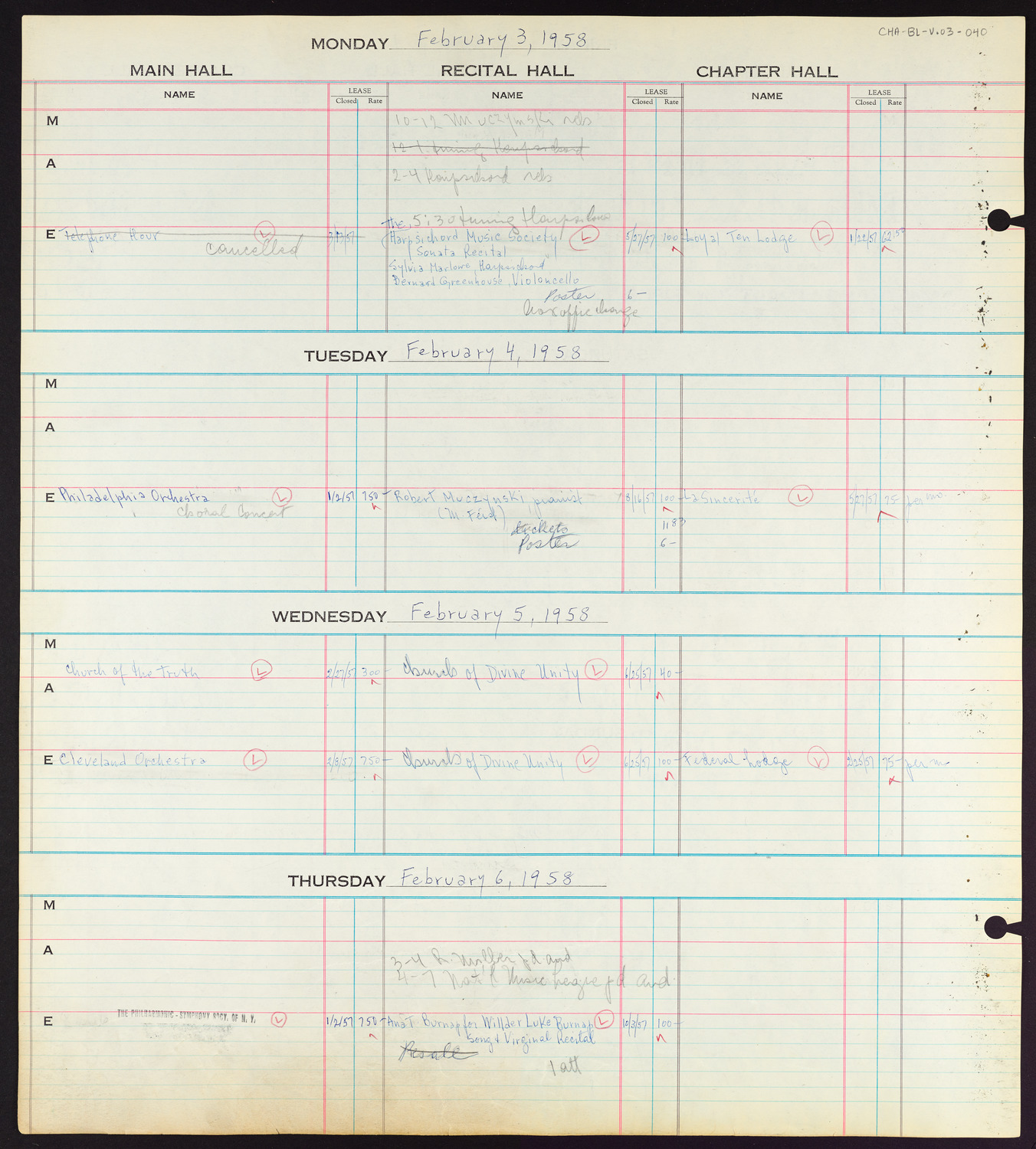 Carnegie Hall Booking Ledger, volume 3, page 40