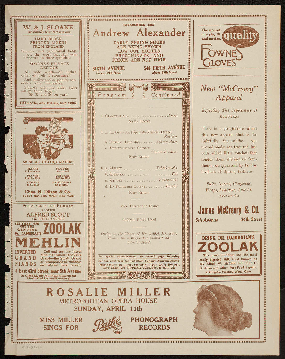 Eddy Brown, Violin, and Anna Booke, Soprano, April 4, 1920, program page 7